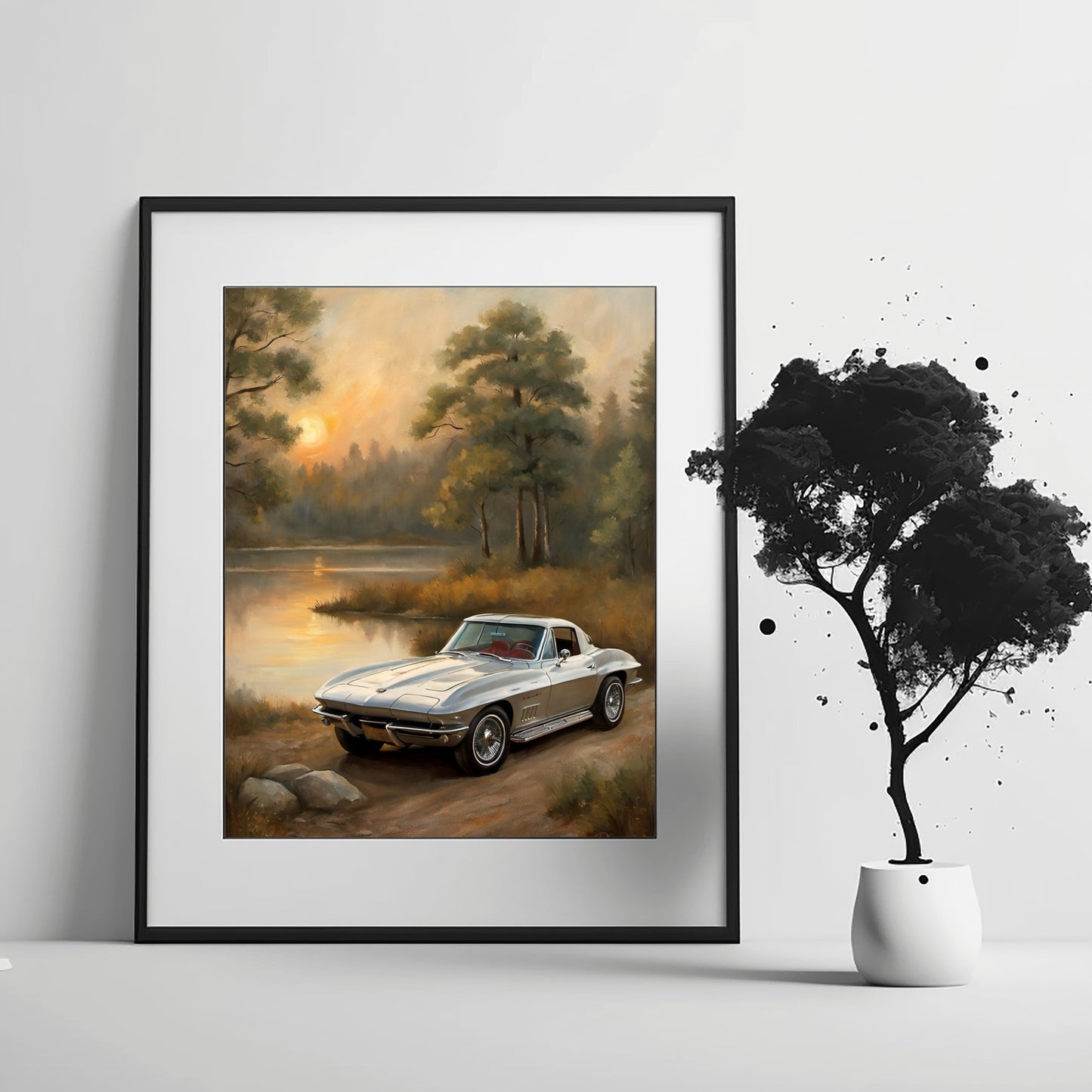 AquilVision digital print of golden hour landscape wall art showing classic silver sports car by a lake at sunset