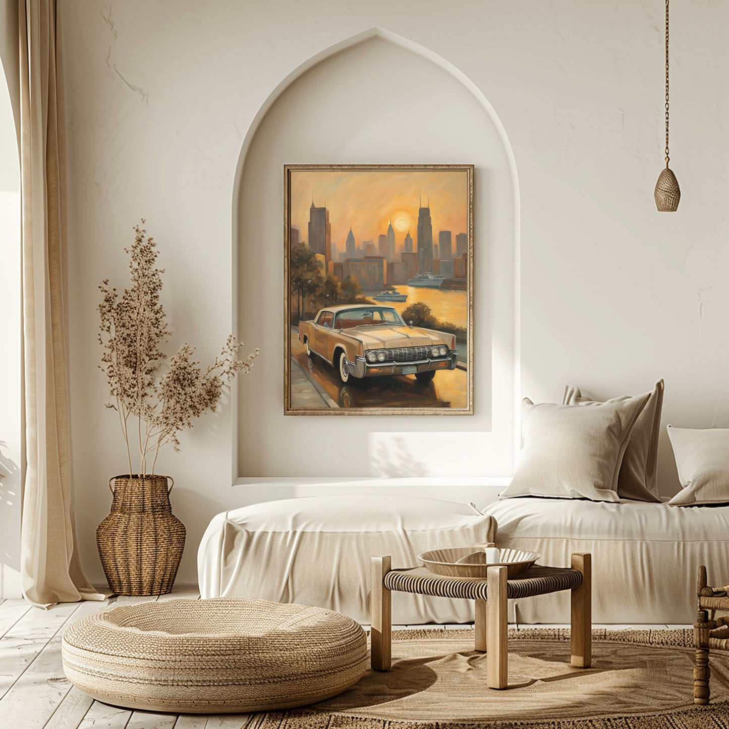 Sunset skyline oil painting print of a vintage car by the river with city skyscrapers in golden light