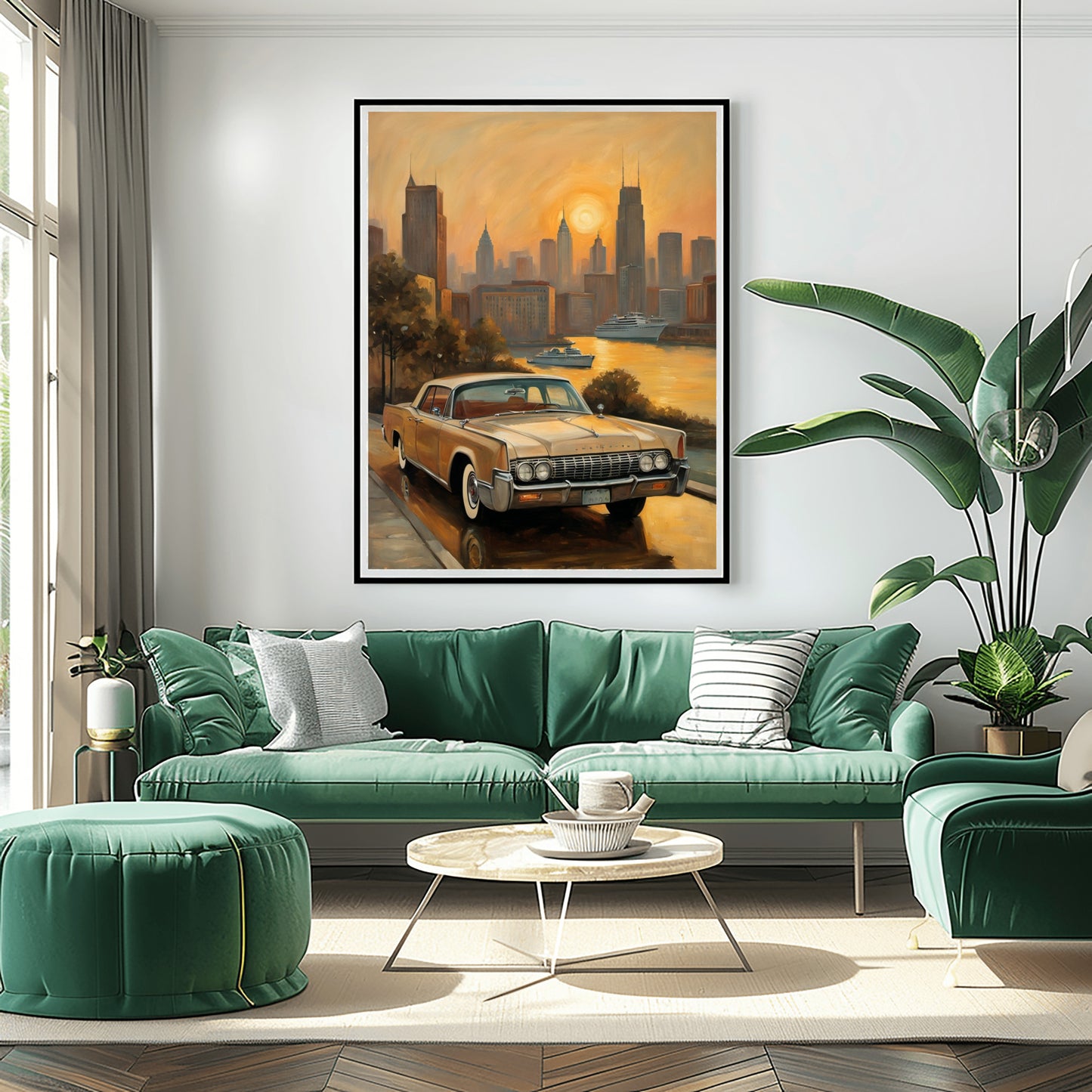 Living room with green sofa and vintage car sunset skyline oil painting print by AquilVision on the wall