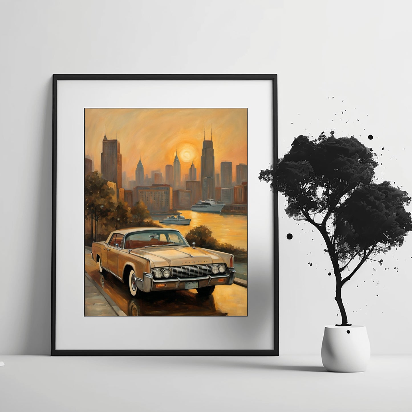 Sunset skyline oil painting print featuring a vintage car and cityscape with a glowing orange sunset