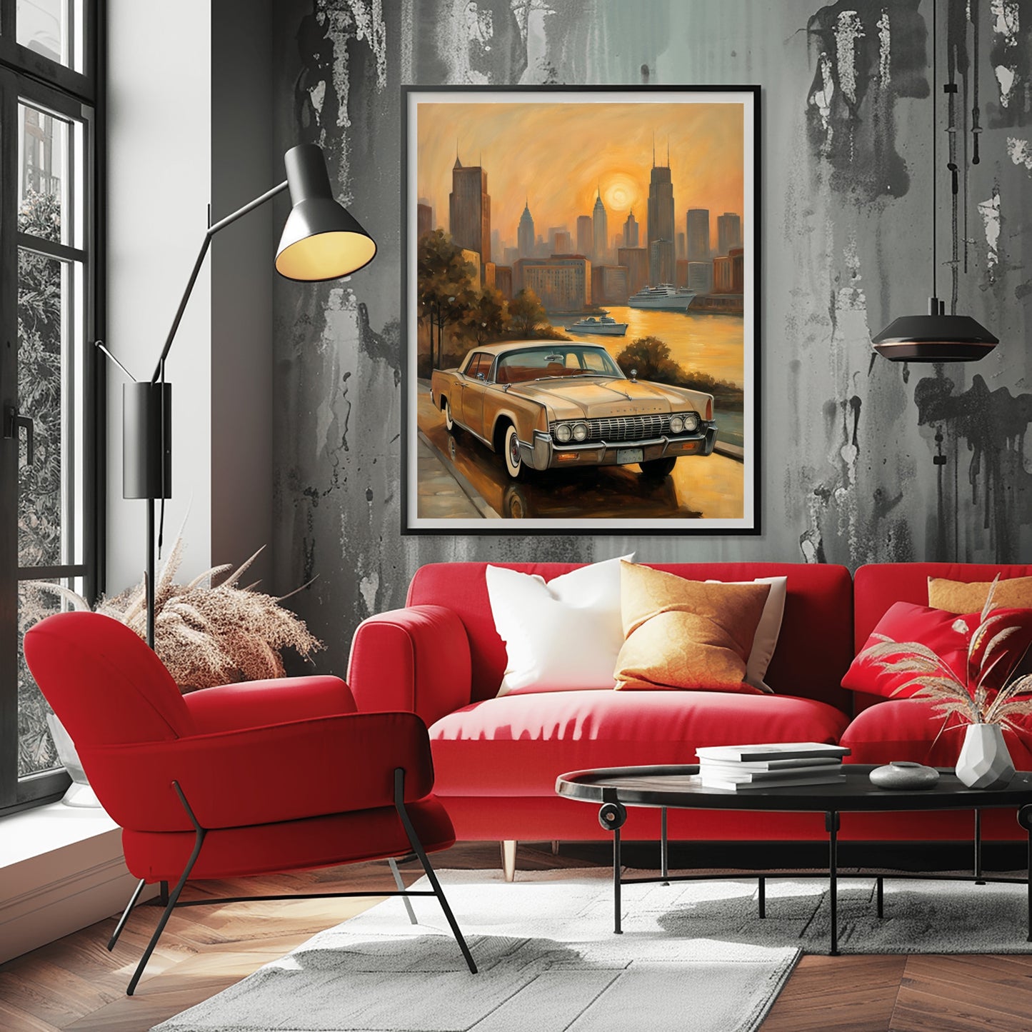 Sunset skyline oil painting print by AquilVision displayed in modern living room with red sofa and vintage car artwork