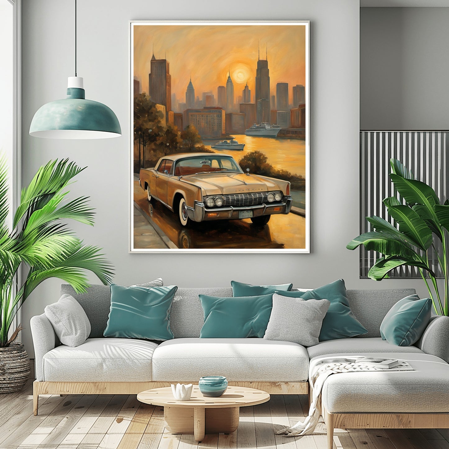 Sunset skyline oil painting print by AquilVision featuring vintage car and cityscape in warm tones