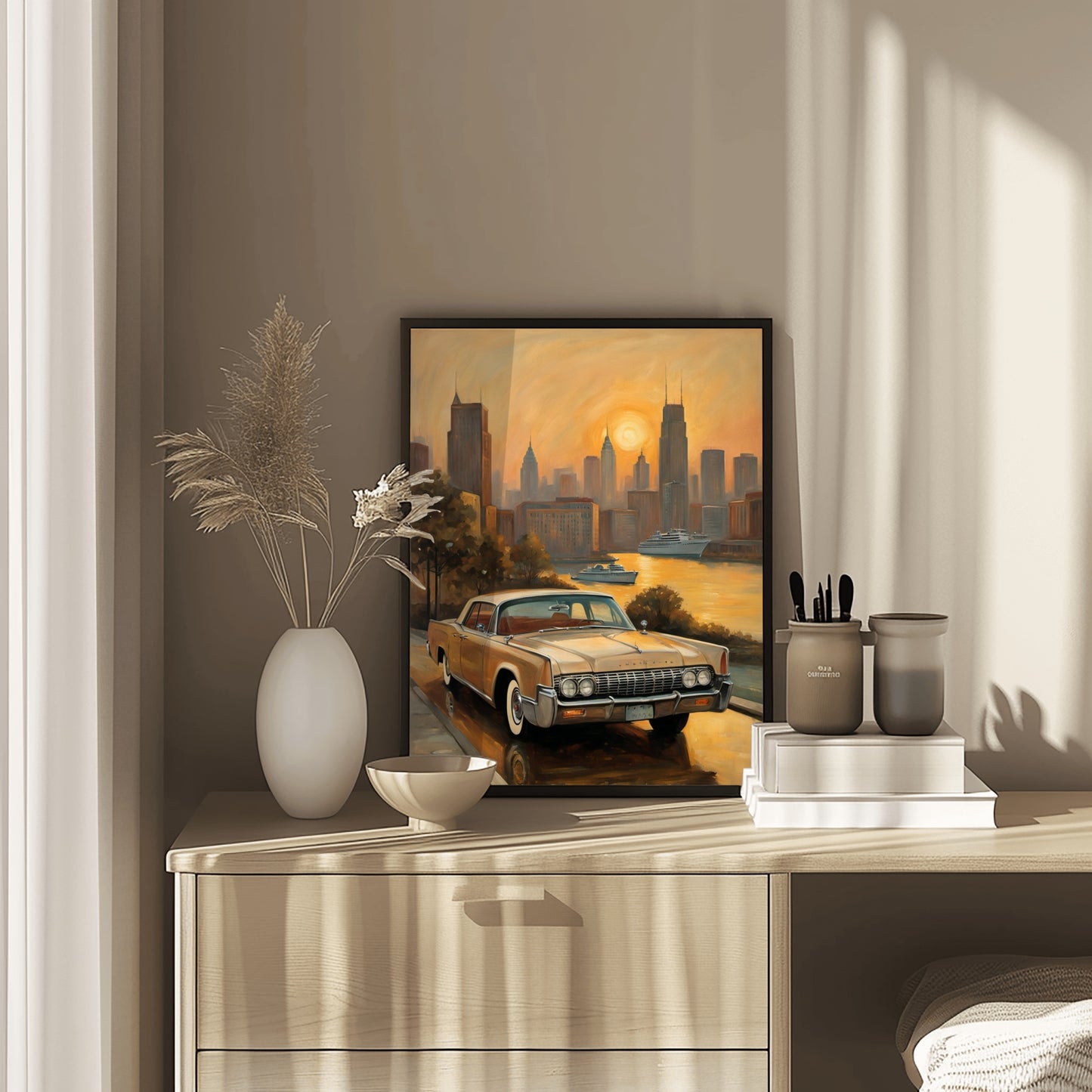 Sunset skyline oil painting print by AquilVision featuring classic car and cityscape on wall shelf