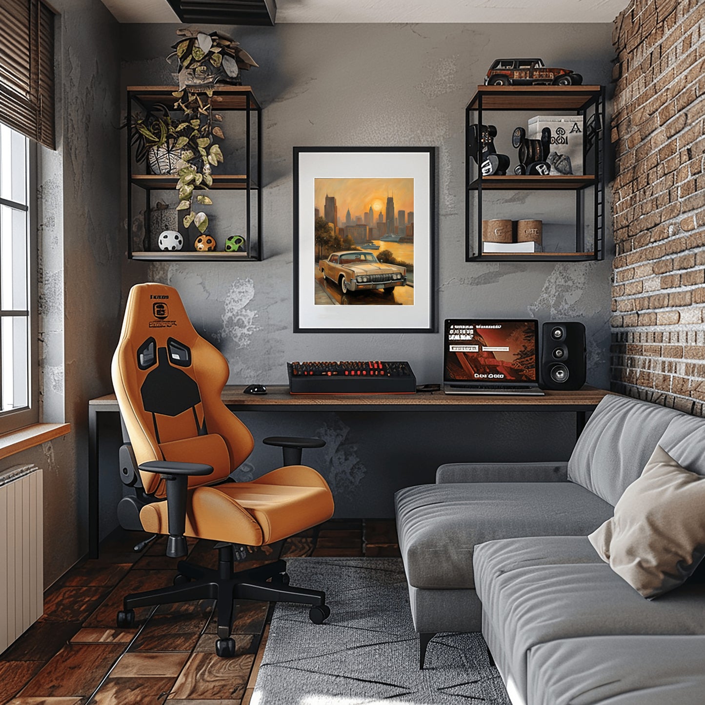 Modern workspace with framed sunset skyline oil painting print above wooden desk and orange ergonomic chair