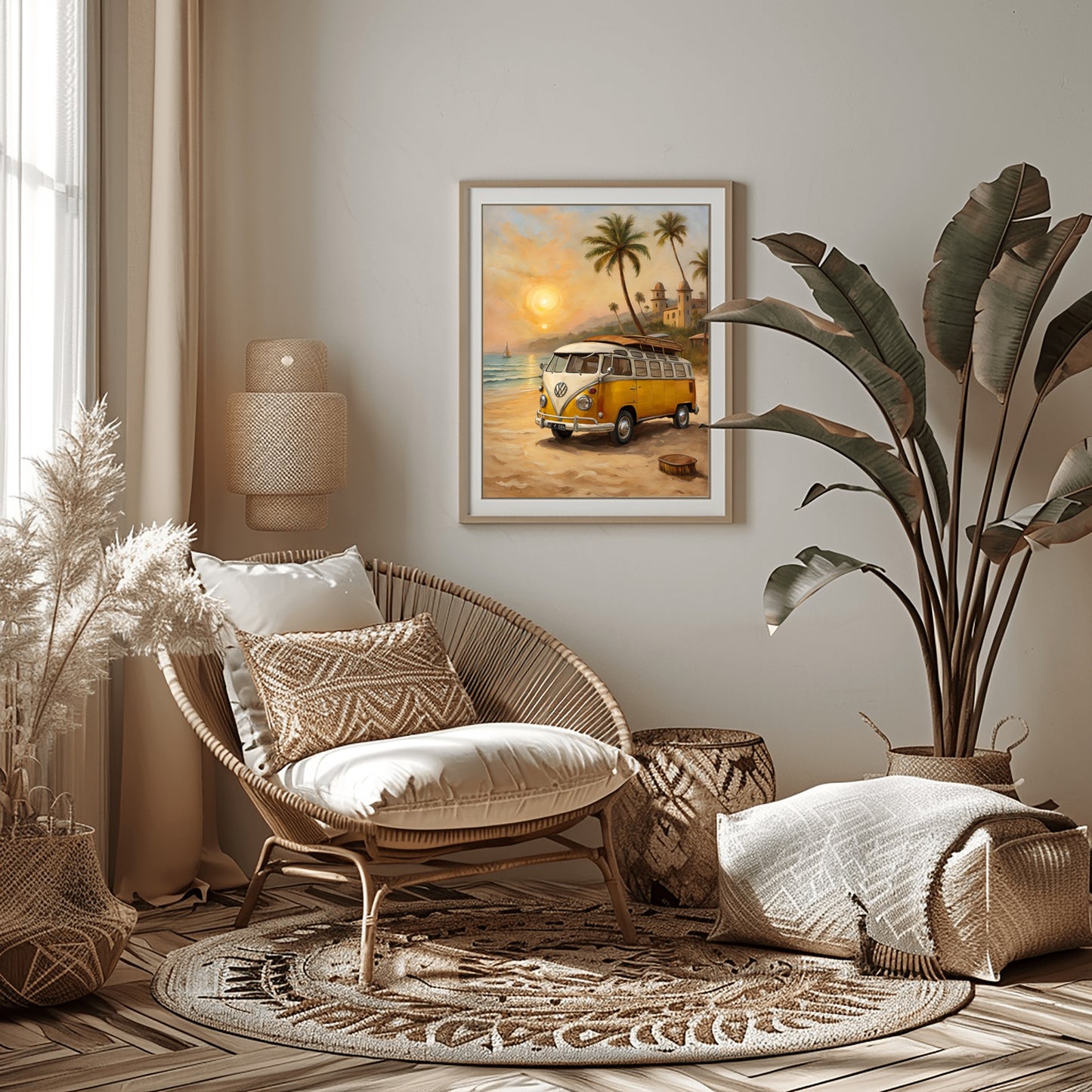 Cozy modern living room featuring surf van oil painting print by AquilVision with tropical beach scene