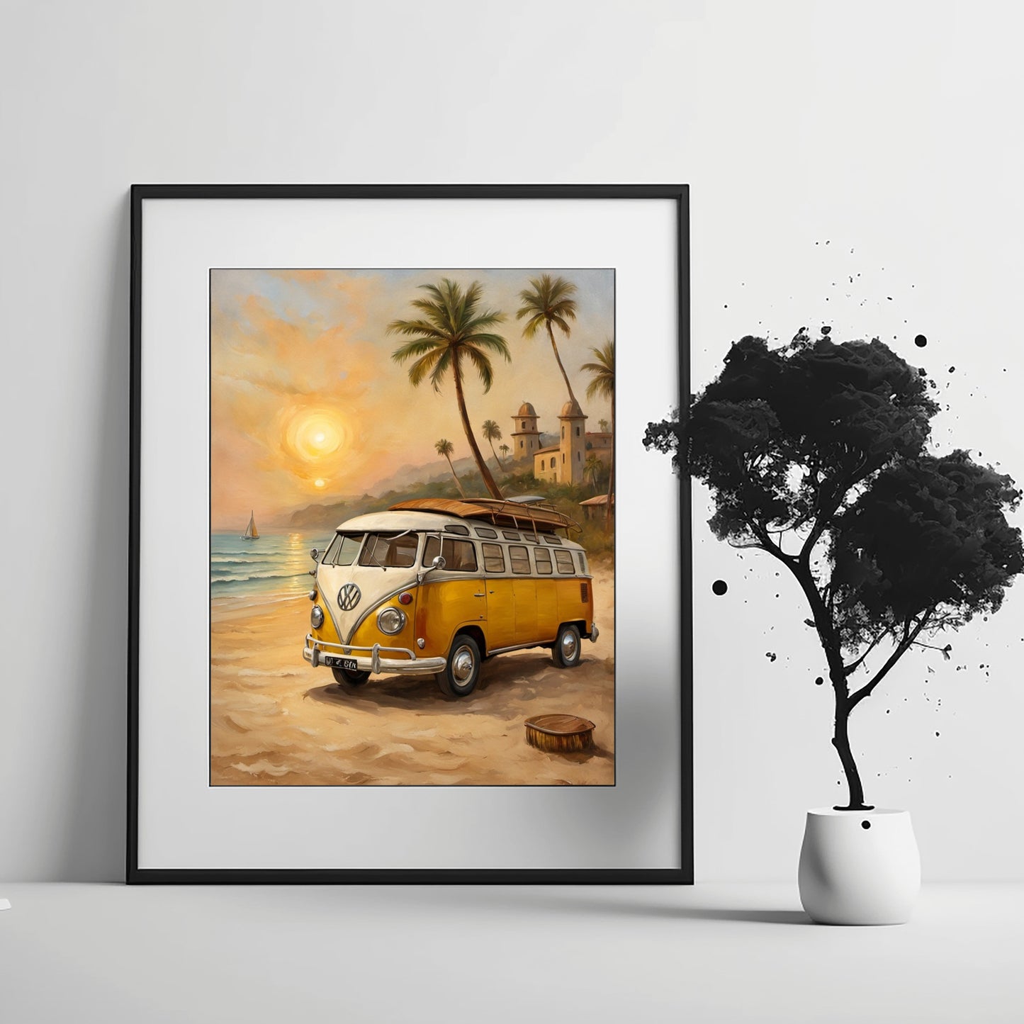 Framed surf van oil painting print showing a vintage yellow van on a beach with palm trees at sunset