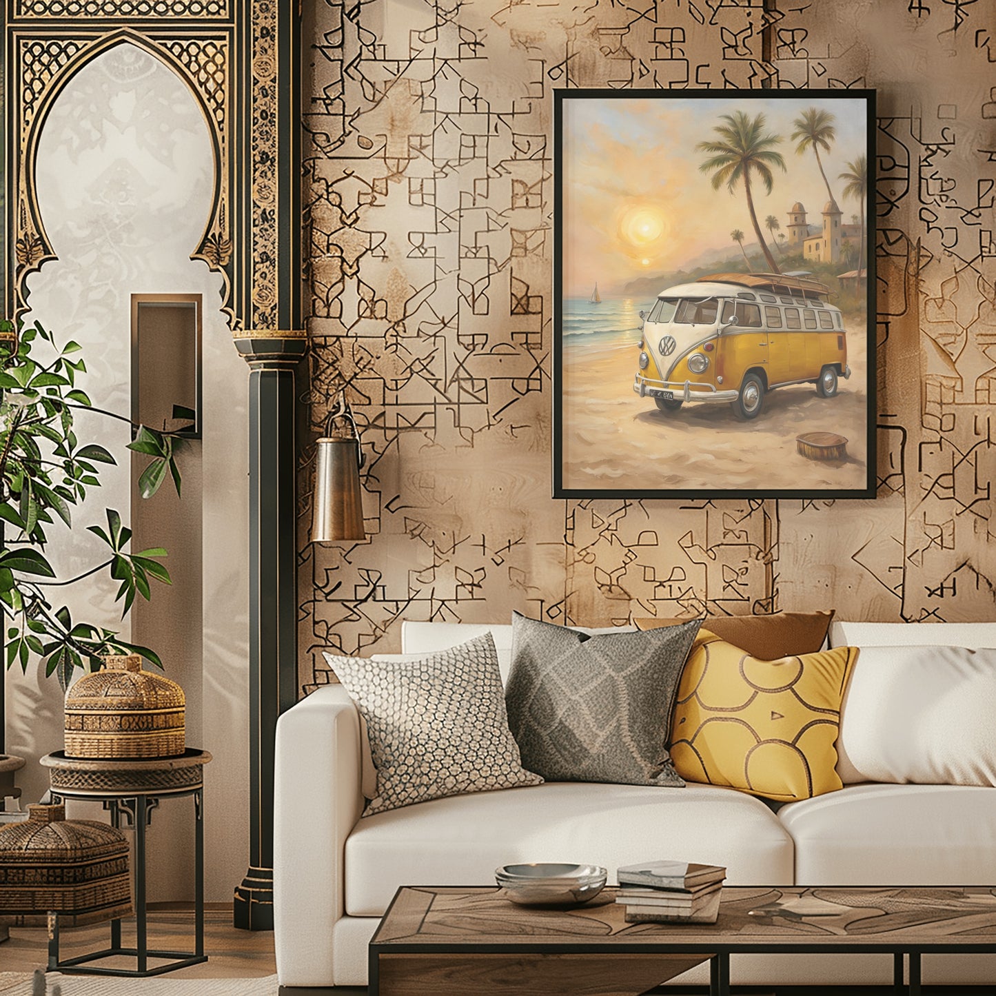 Surf van oil painting print of yellow van on beach with palm trees and sunset in living room