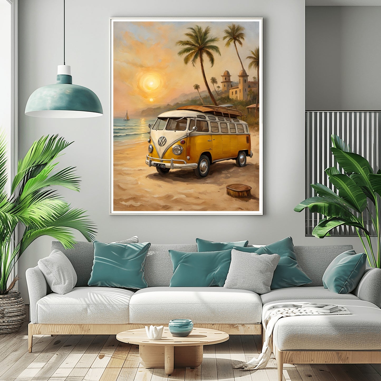 AquilVision surf van oil painting print of a yellow van on a beach at sunset with palm trees and a coastal building