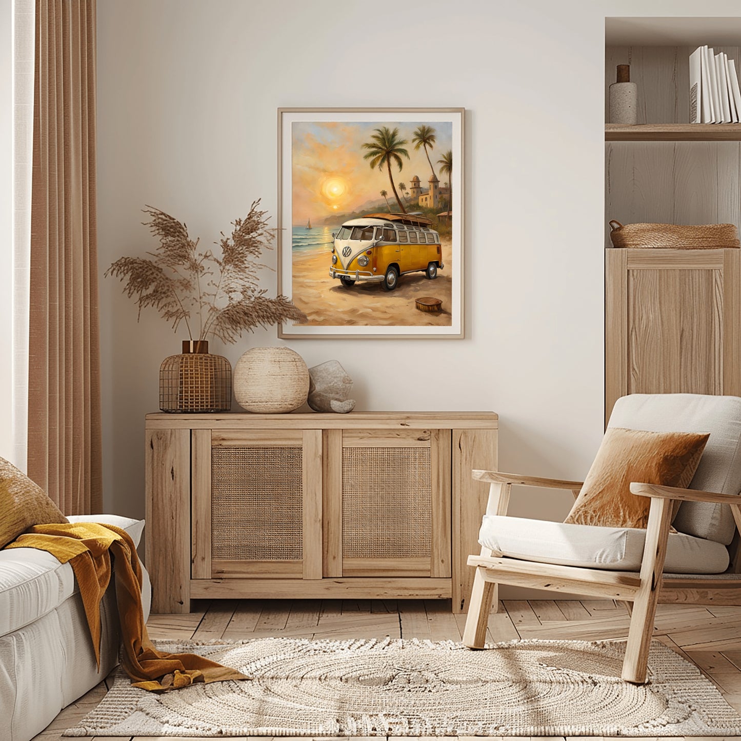 AquilVision surf van oil painting print featuring a yellow vintage van on a beach with palm trees and sunset