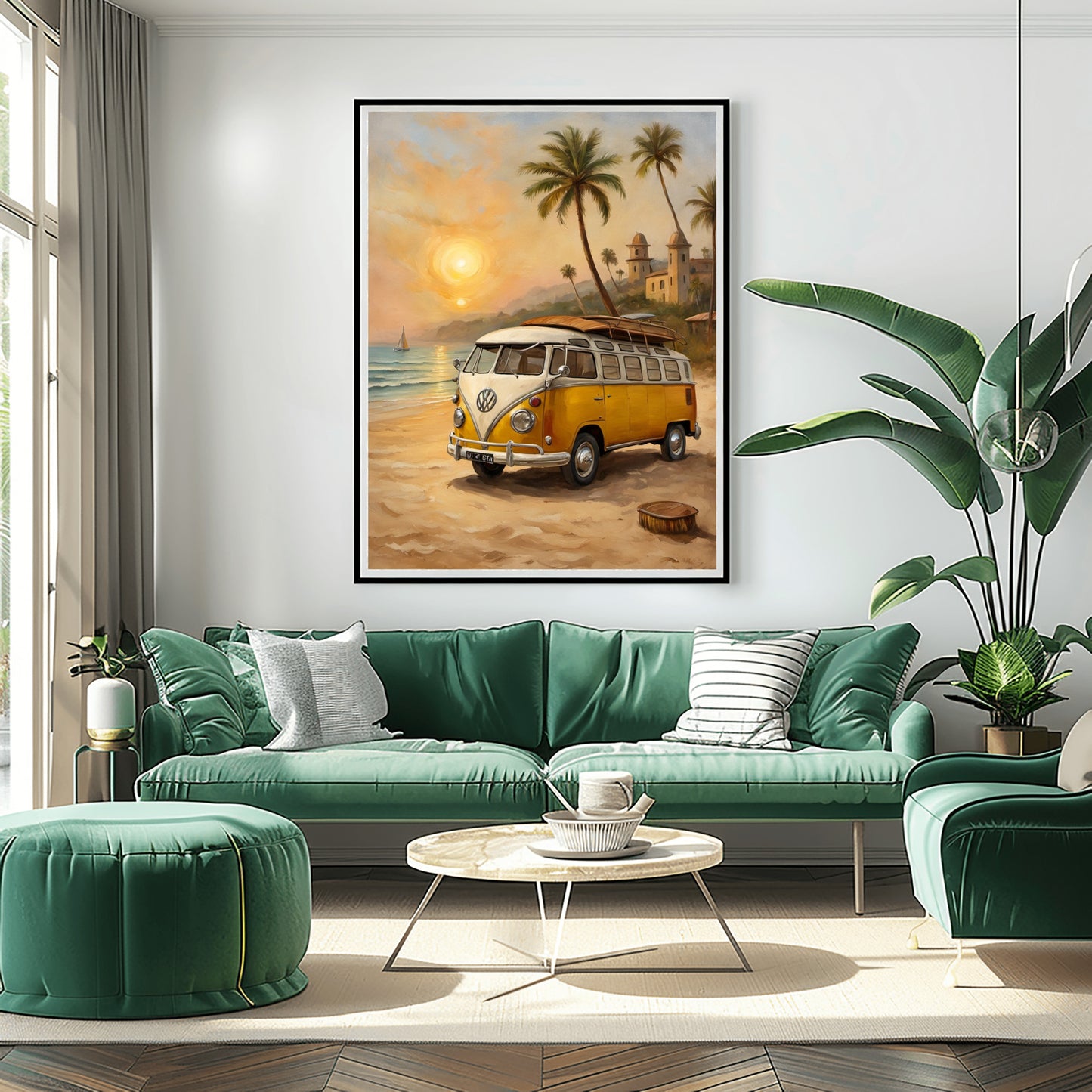 Framed surf van oil painting print hanging above green sofa in modern living room with plants and natural light