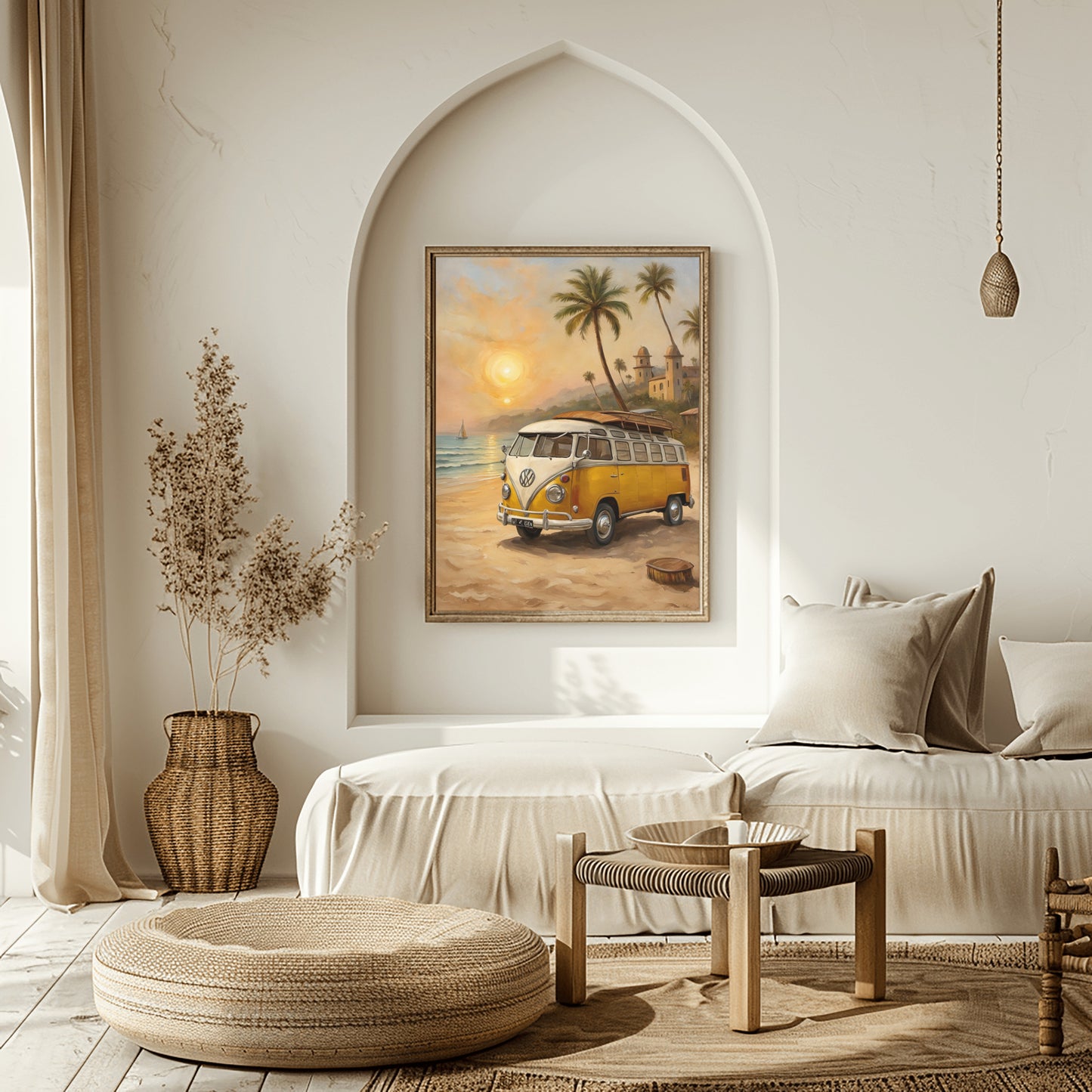 Cozy living room with framed surf van oil painting print featuring a yellow van on a tropical beach at sunset