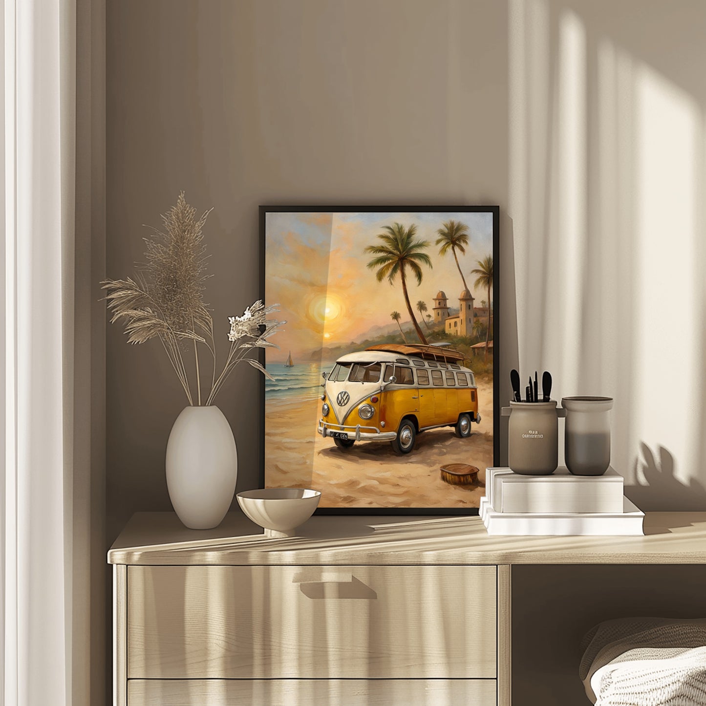 AquilVision surf van oil painting print featuring a vintage yellow van on a beach with palm trees and sunset