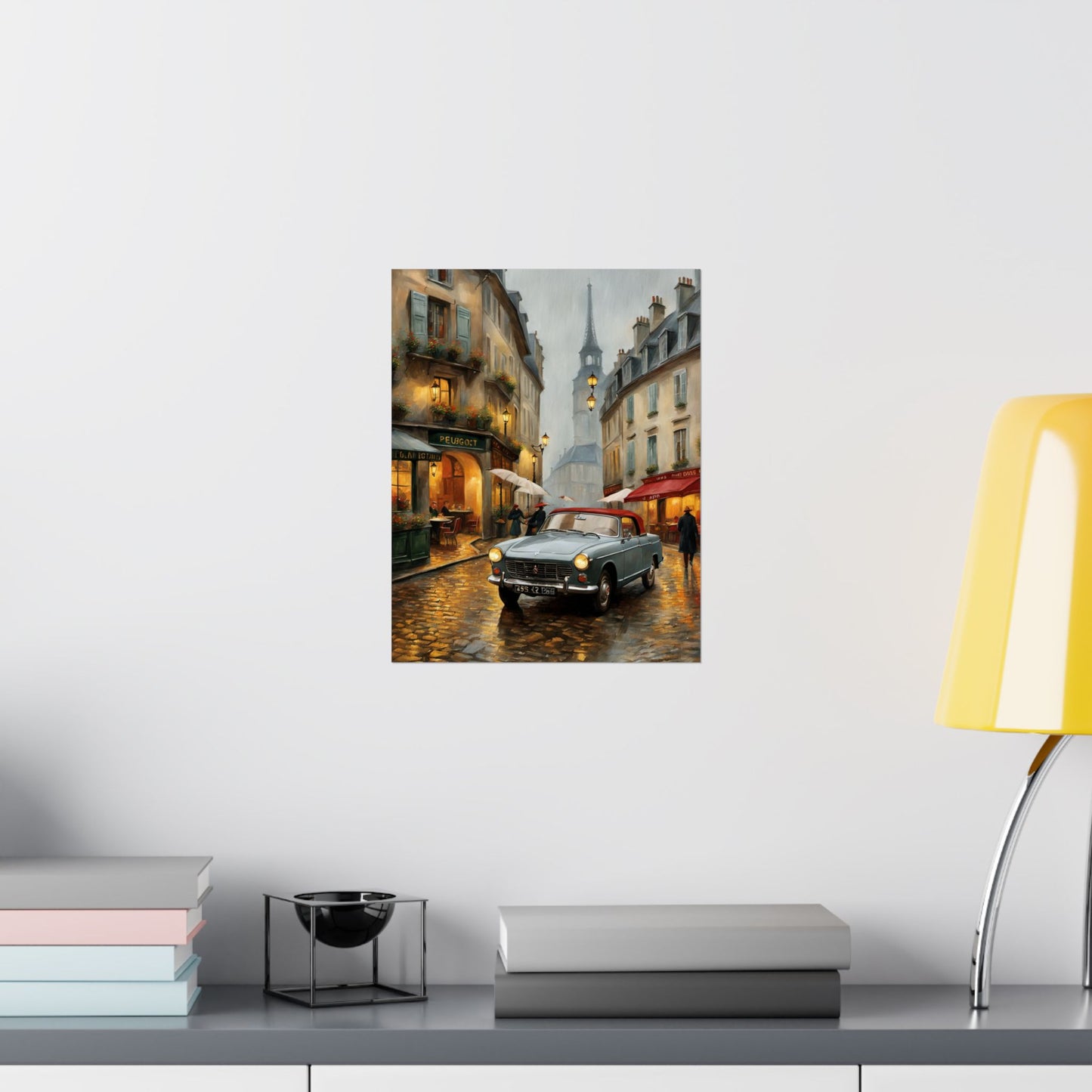 Vintage car art travel gift poster depicting a rainy street scene with classic cars