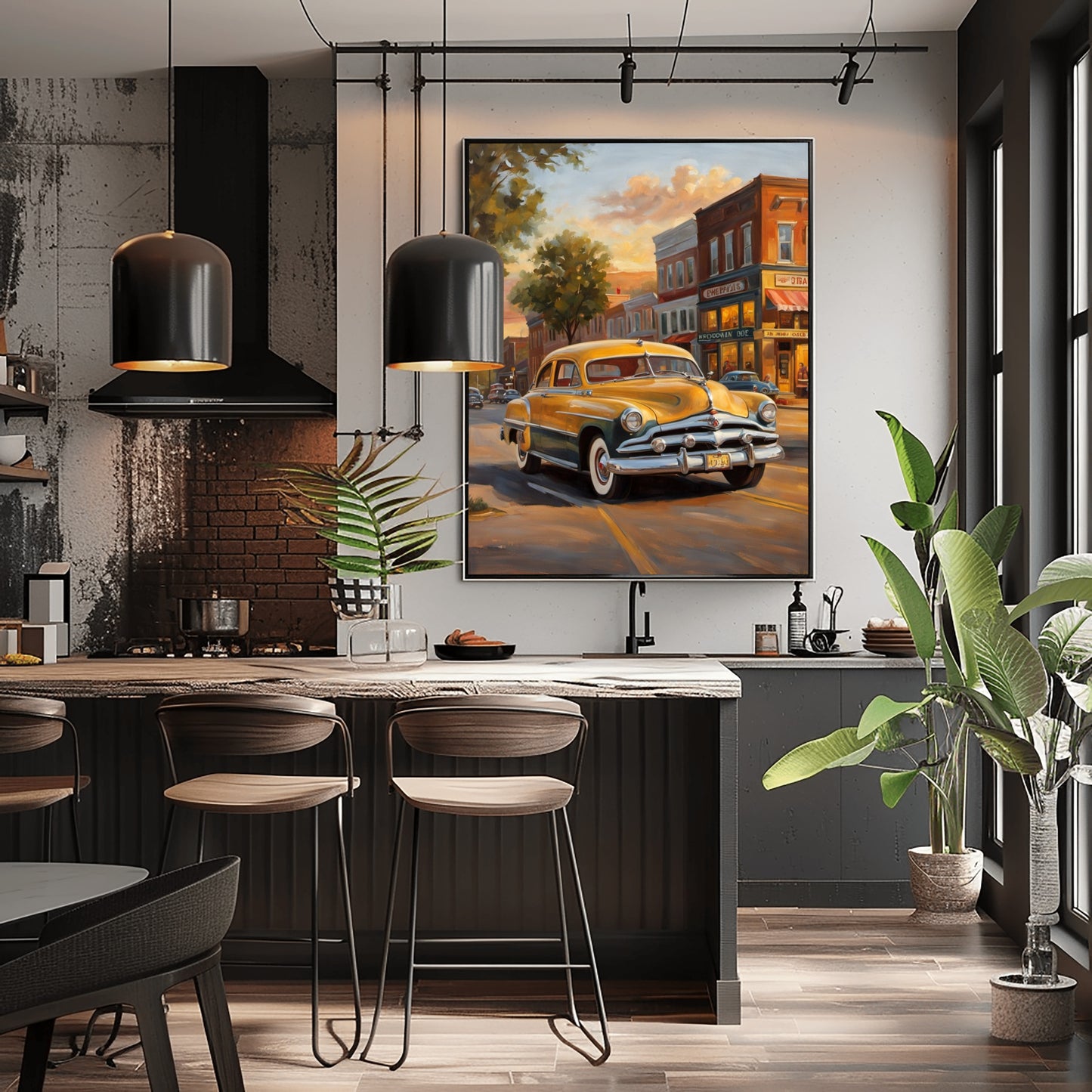 Nostalgic oil painting of main street featuring a vintage yellow car displayed in modern kitchen