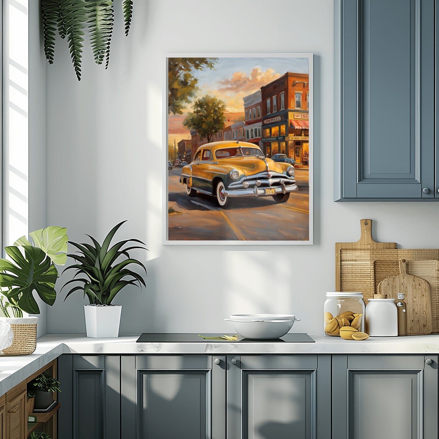 Nostalgic oil painting of main street featuring a vintage car and historic buildings in a cozy kitchen setting