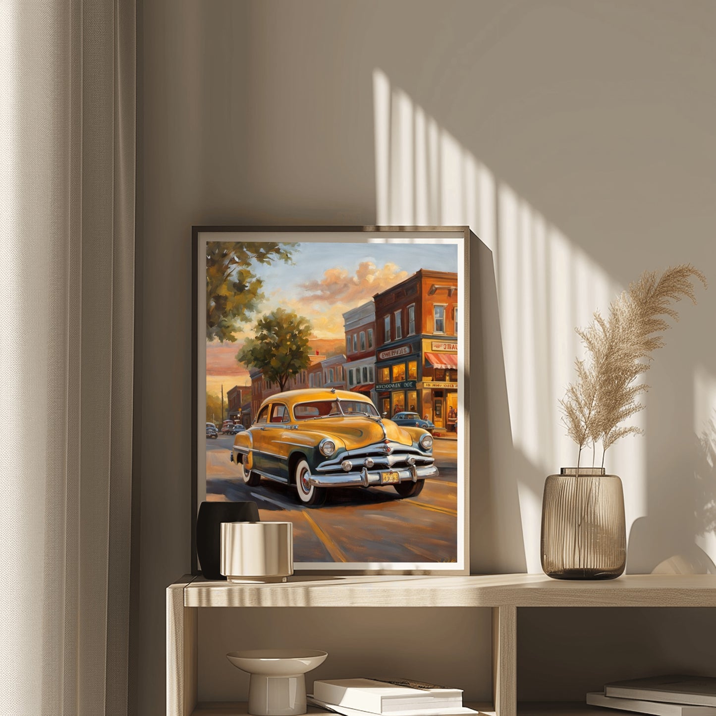 Nostalgic oil painting of main street featuring a vintage car and classic buildings by AquilVision