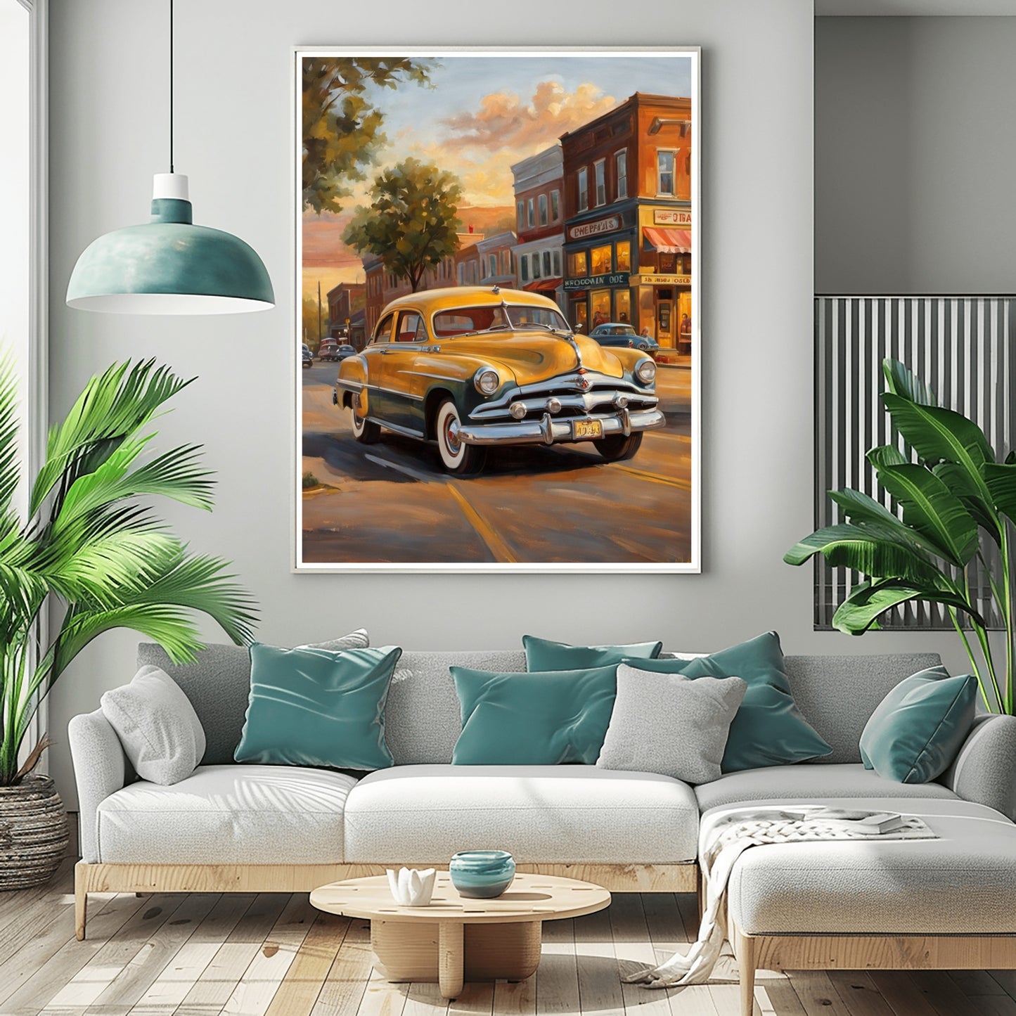 Nostalgic oil painting of main street with vintage car displayed above modern sofa in living room