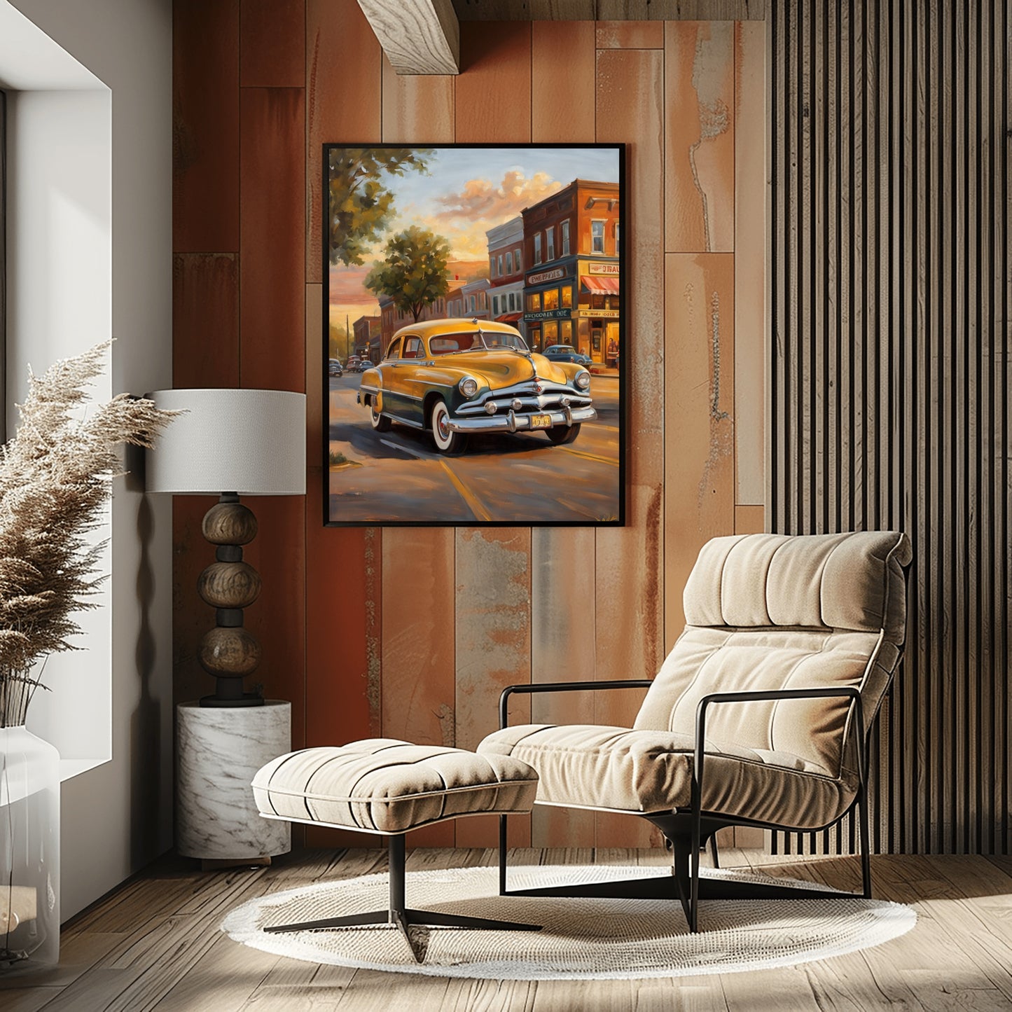 Nostalgic oil painting of main street featuring a vintage car displayed in a modern living room
