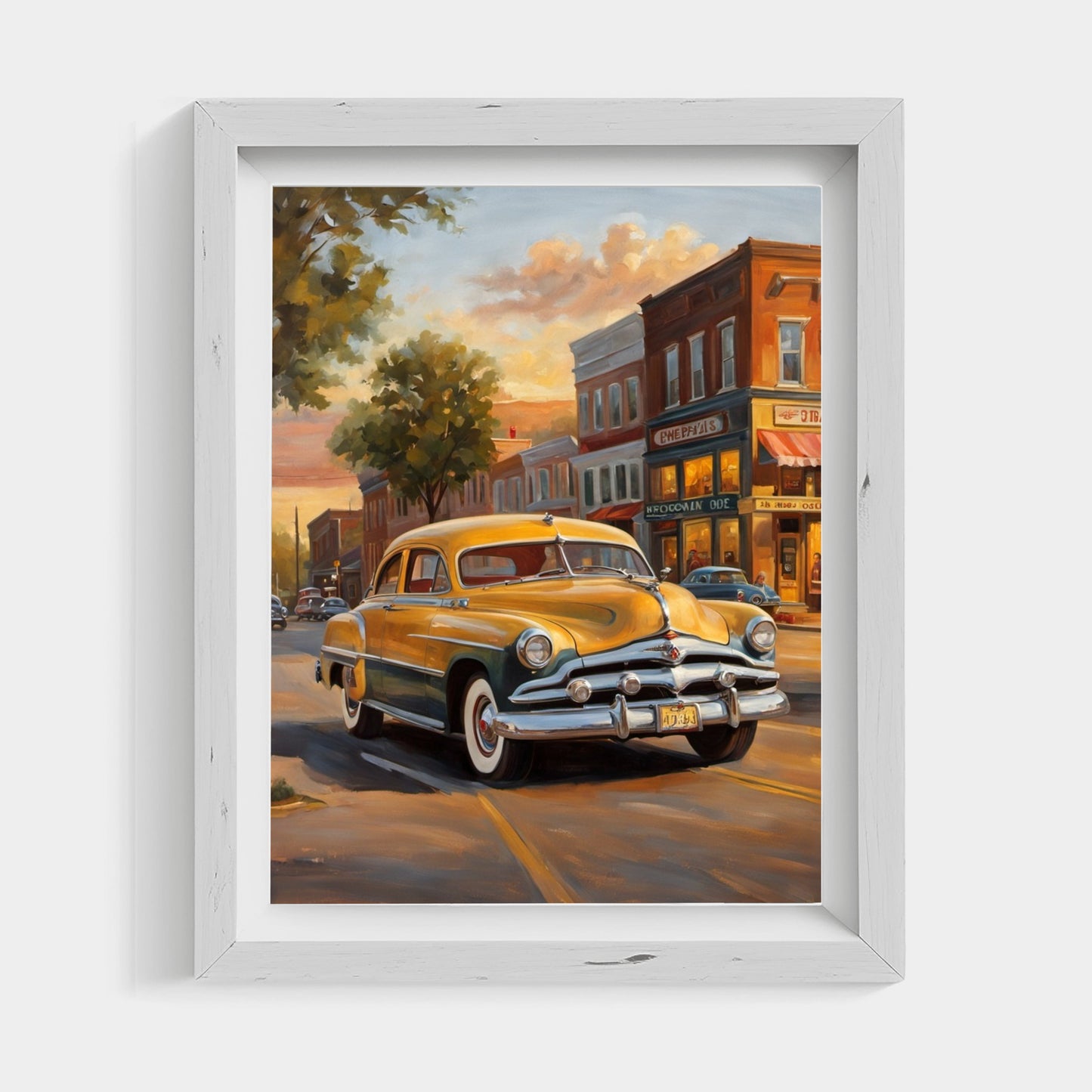 Nostalgic oil painting of main street featuring a vintage yellow car and historic buildings