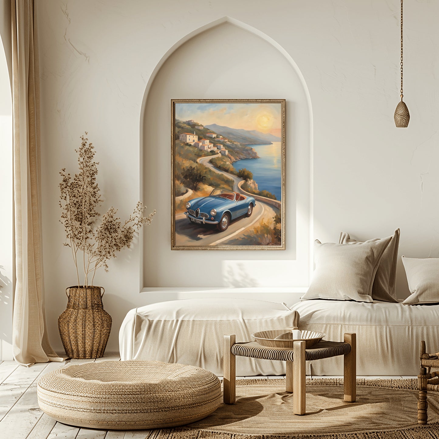 AquilVision retro car seascape painting displayed in a stylish neutral-toned living room with cozy seating