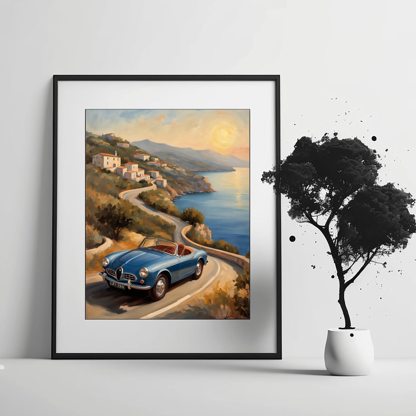 AquilVision retro car seascape painting of a blue classic car on a coastal road with sunset over the sea