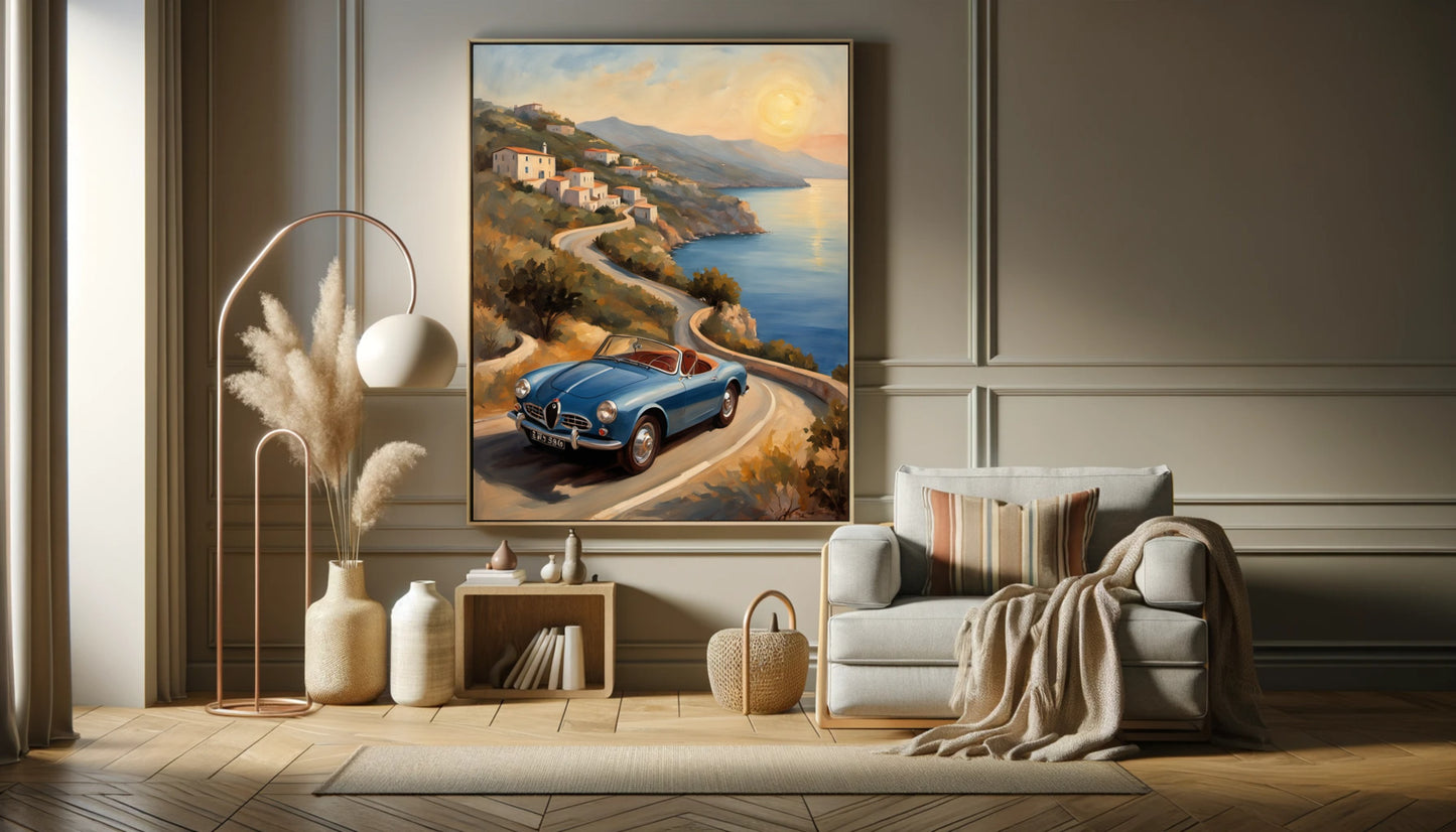 Retro car seascape painting by AquilVision displayed in a modern living room with neutral decor