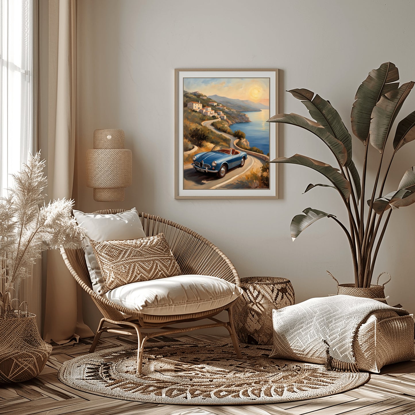 A framed retro car seascape painting by AquilVision displayed in a cozy minimalist living room with natural decor