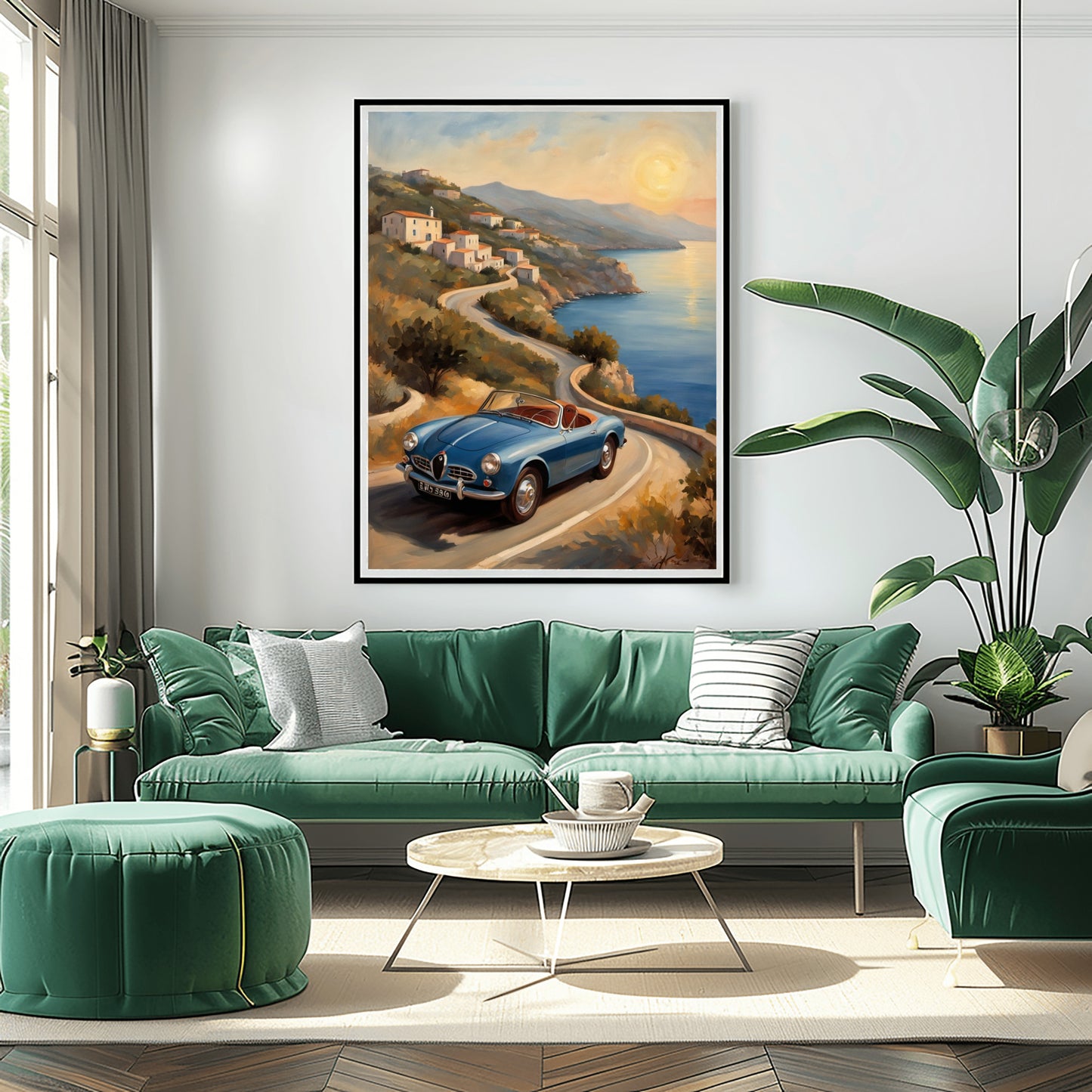 Retro car seascape painting featuring a blue vintage car on a coastal road at sunset