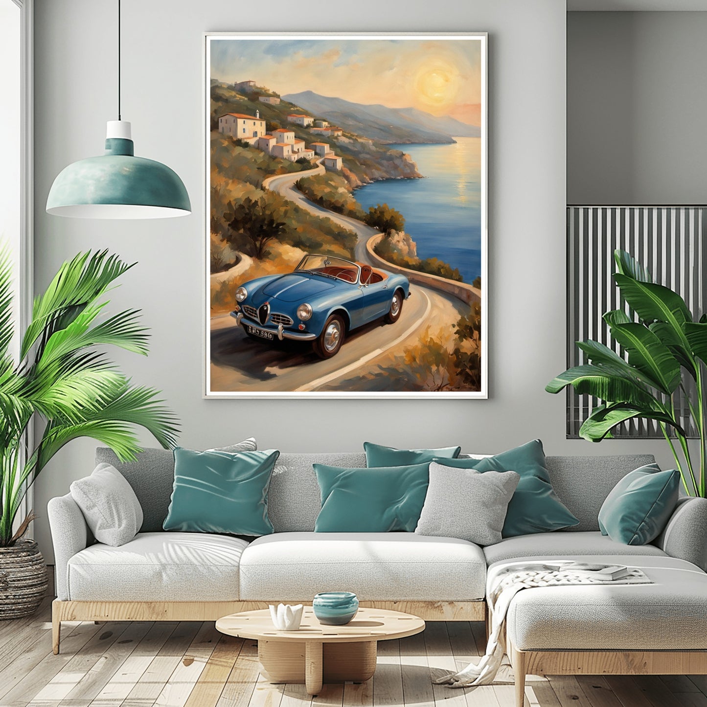 AquilVision retro car seascape painting showing a blue vintage car on a coastal road at sunset