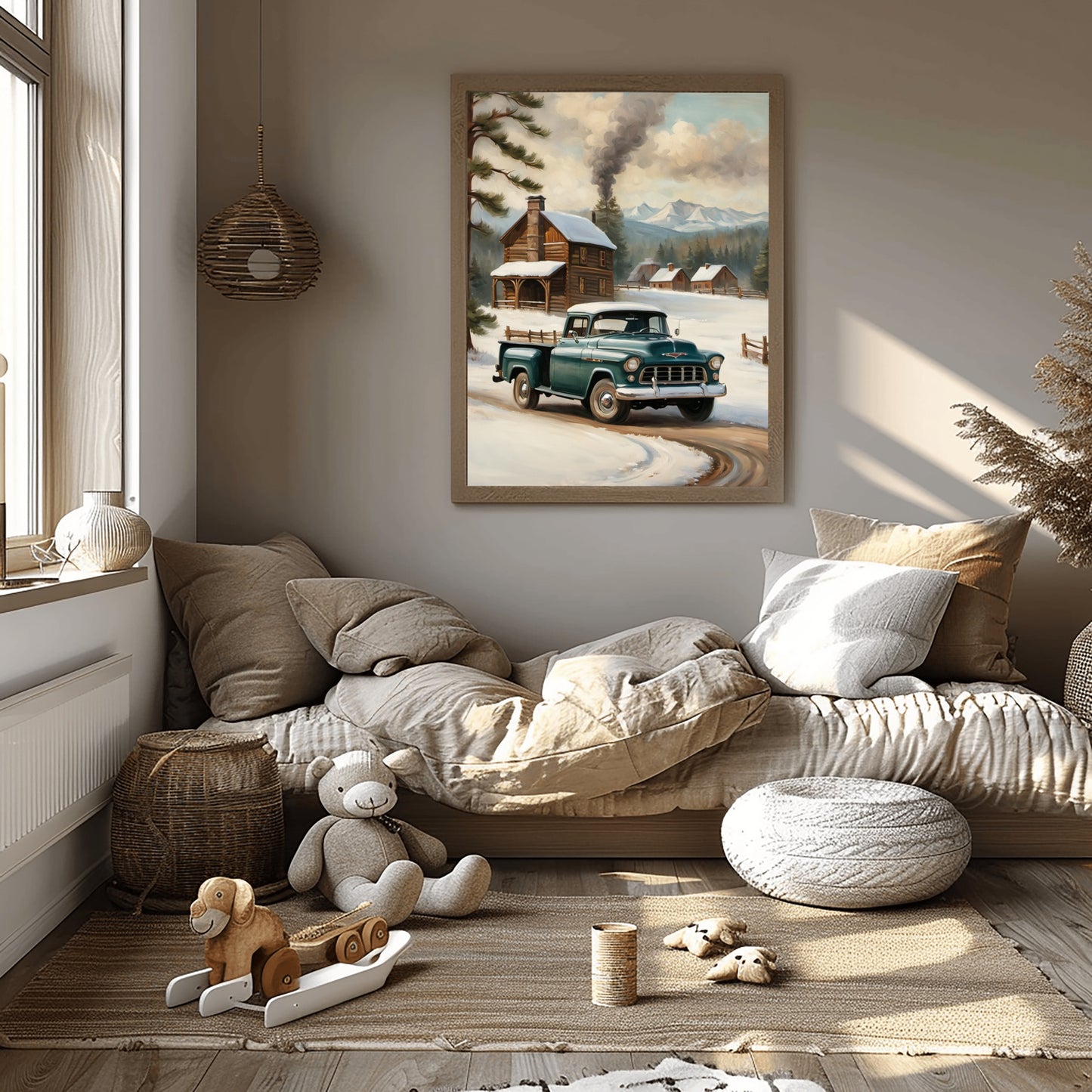 Cozy living room with AquilVision snowy countryside art print featuring vintage truck and cabin in snow