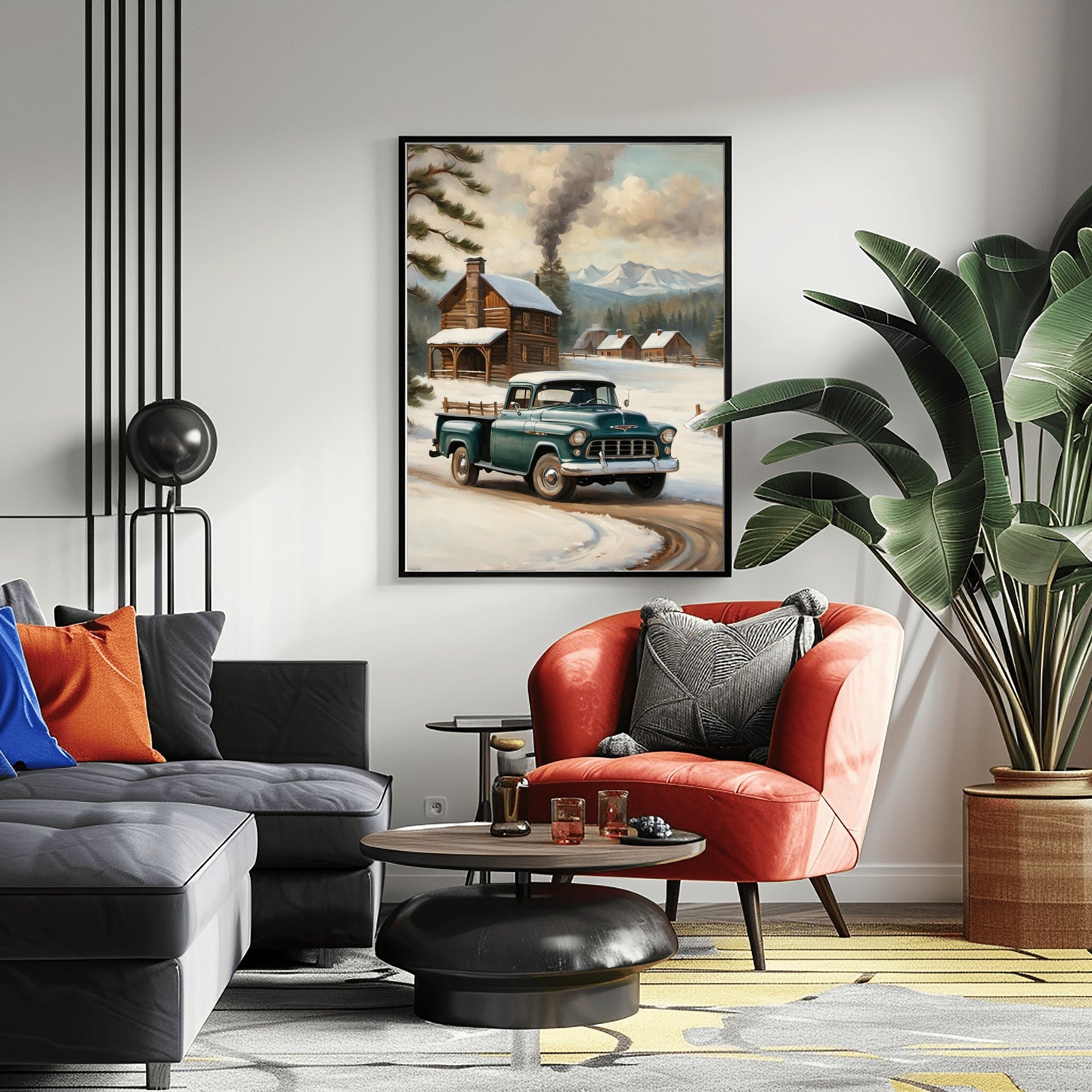 Snowy countryside art print by AquilVision showing a vintage truck near a cabin in winter landscape