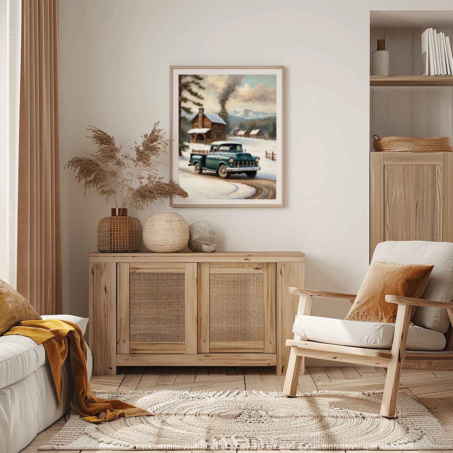 Snowy countryside art print by AquilVision featuring a vintage truck and cabin in winter landscape
