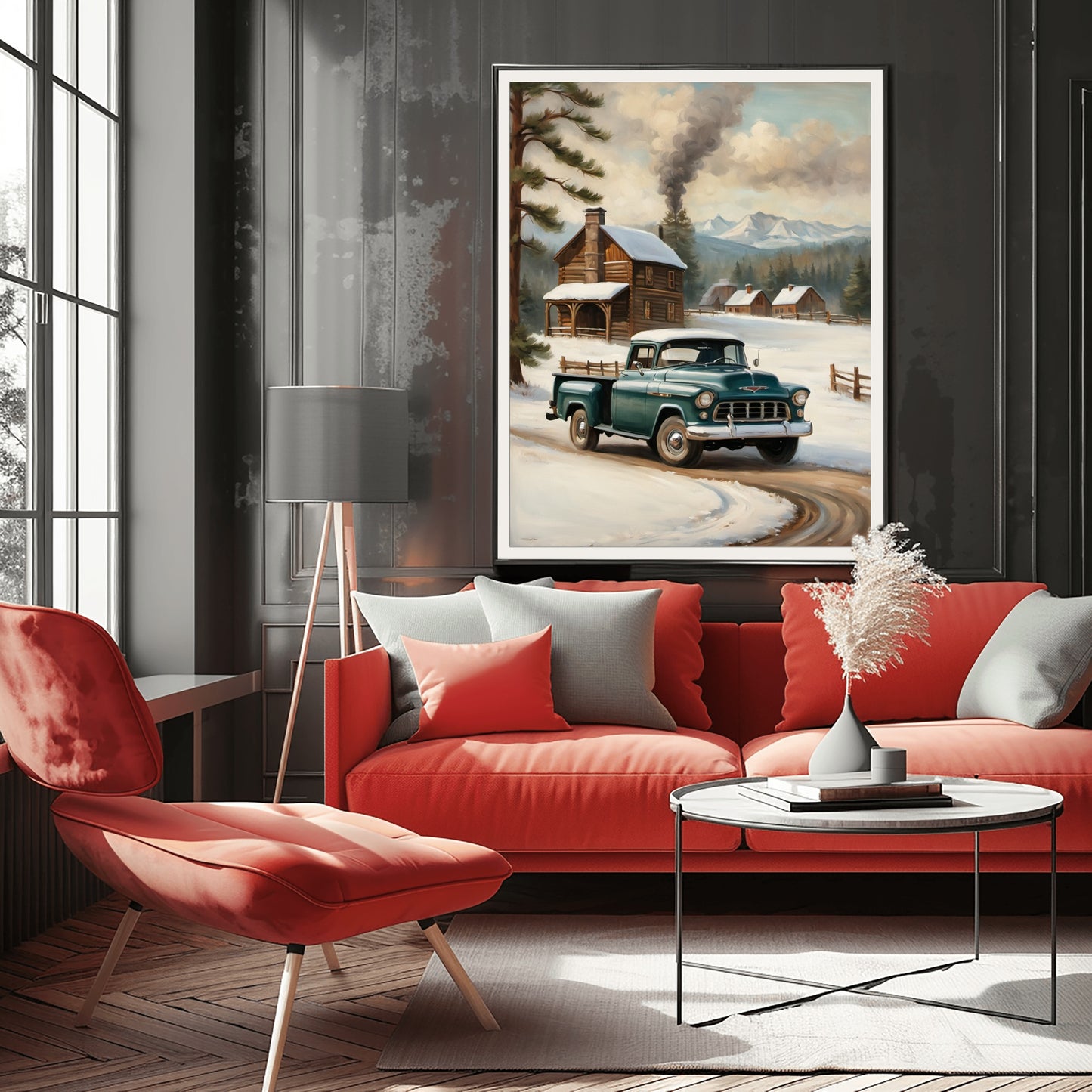 snowy countryside art print featuring a vintage truck by a cabin with smoke and mountains, displayed in modern living room
