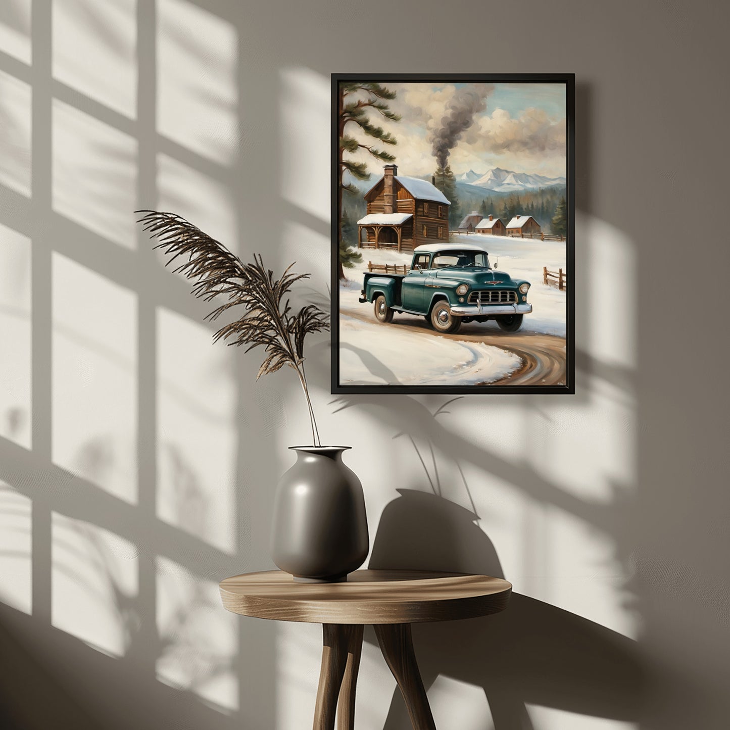 AquilVision digital snowy countryside art print featuring vintage truck near cabin in winter landscape