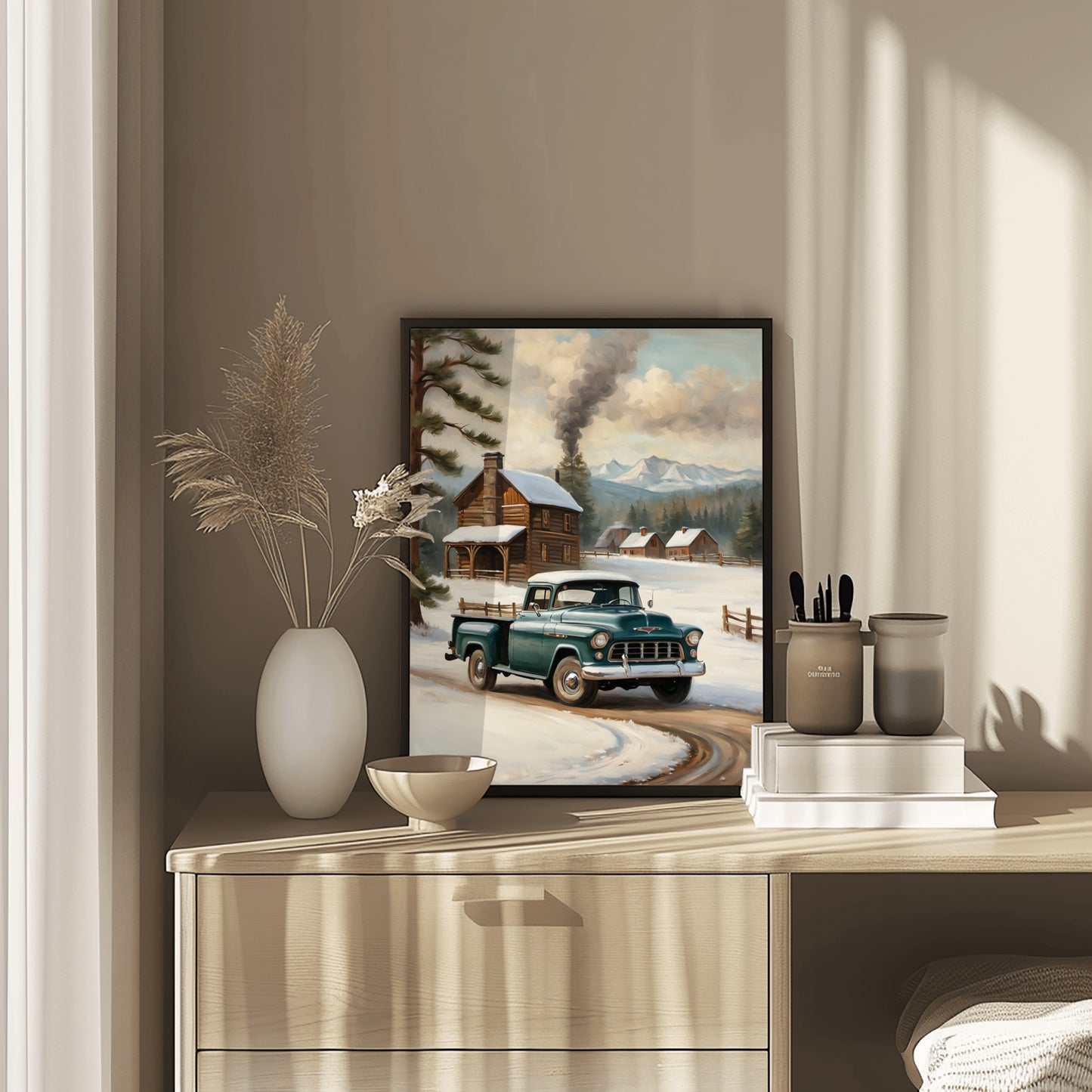 Snowy countryside art print featuring a vintage green truck and rustic cabin with mountains in the background
