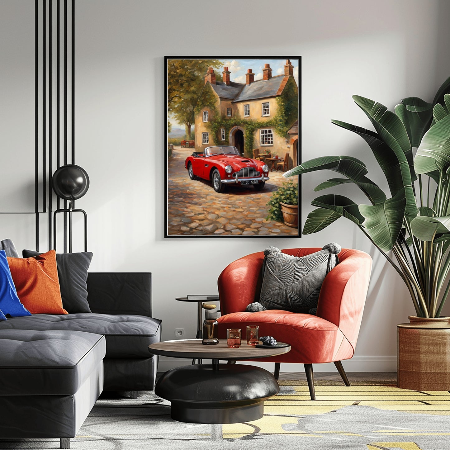 1950s convertible wall art featuring a red classic car in front of a charming cottage in a modern living room
