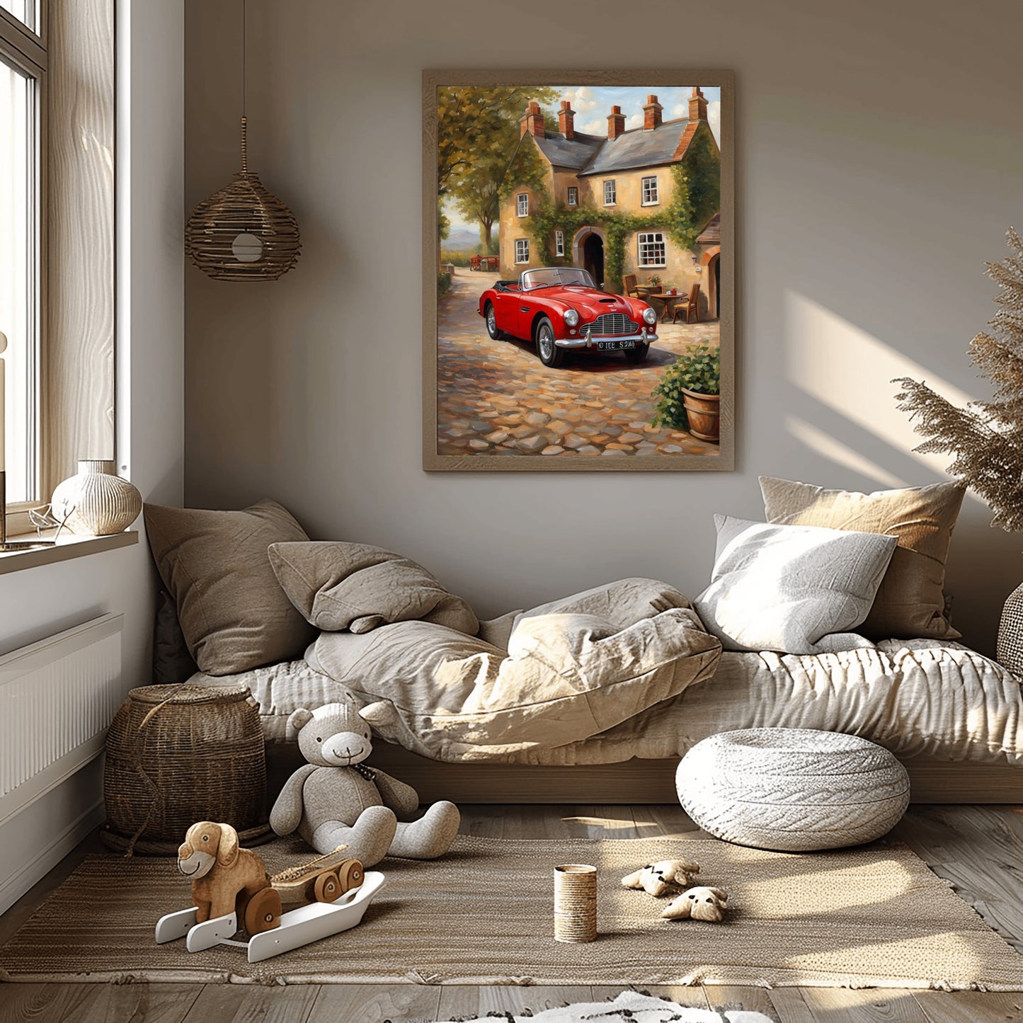 1950s convertible wall art featuring a red vintage car parked on a cobblestone street in front of a cottage