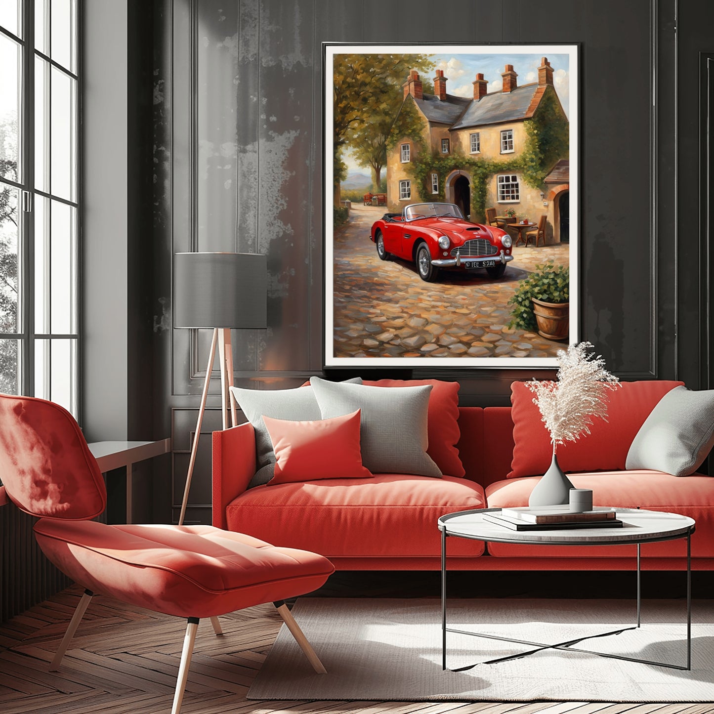 1950s convertible wall art featuring a red classic car parked on a cobblestone street in front of a vintage house