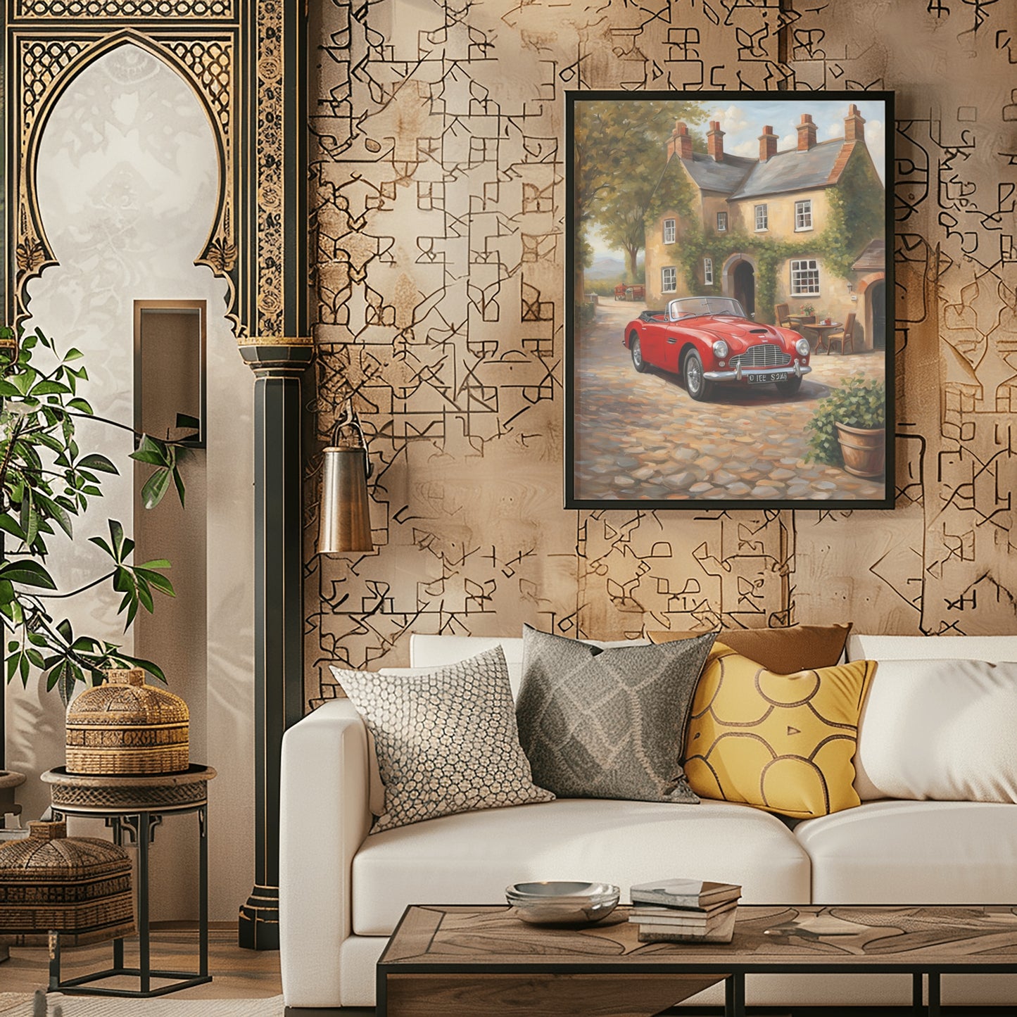 1950s convertible wall art depicting a red classic car parked on a cobblestone street in a cozy village setting
