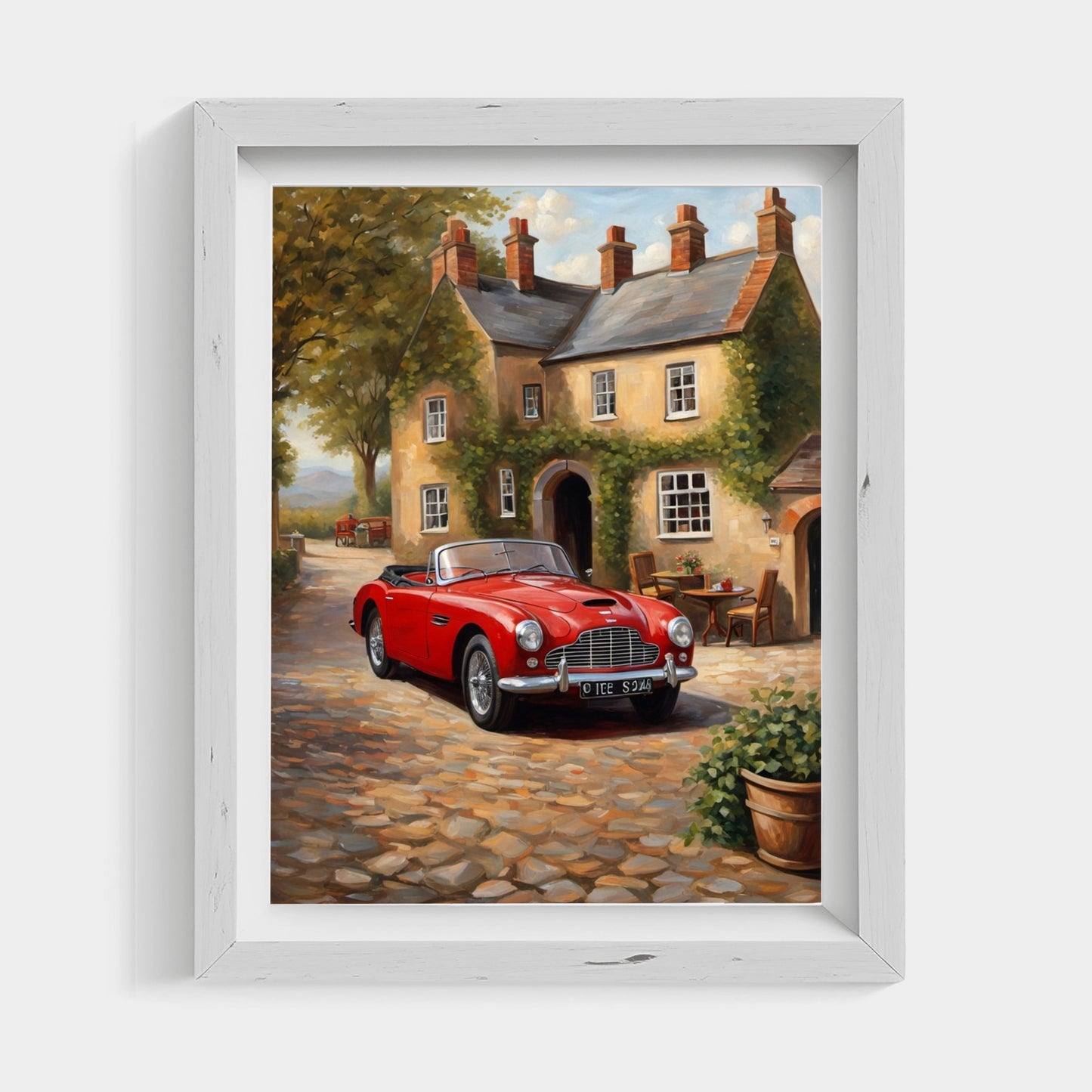 1950s convertible wall art featuring a classic red car in front of a vintage house framed by AquilVision
