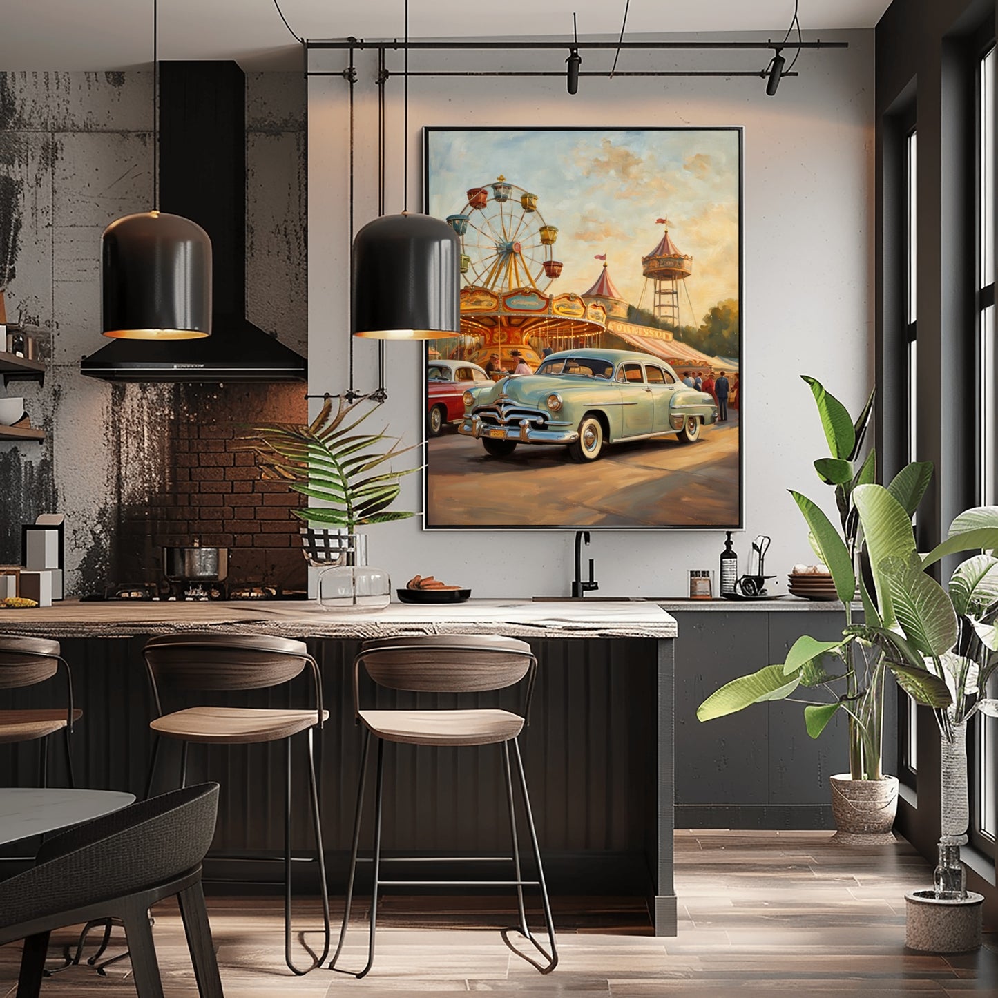 1950s ferris wheel artwork featuring vintage cars and carnival scene displayed in modern kitchen