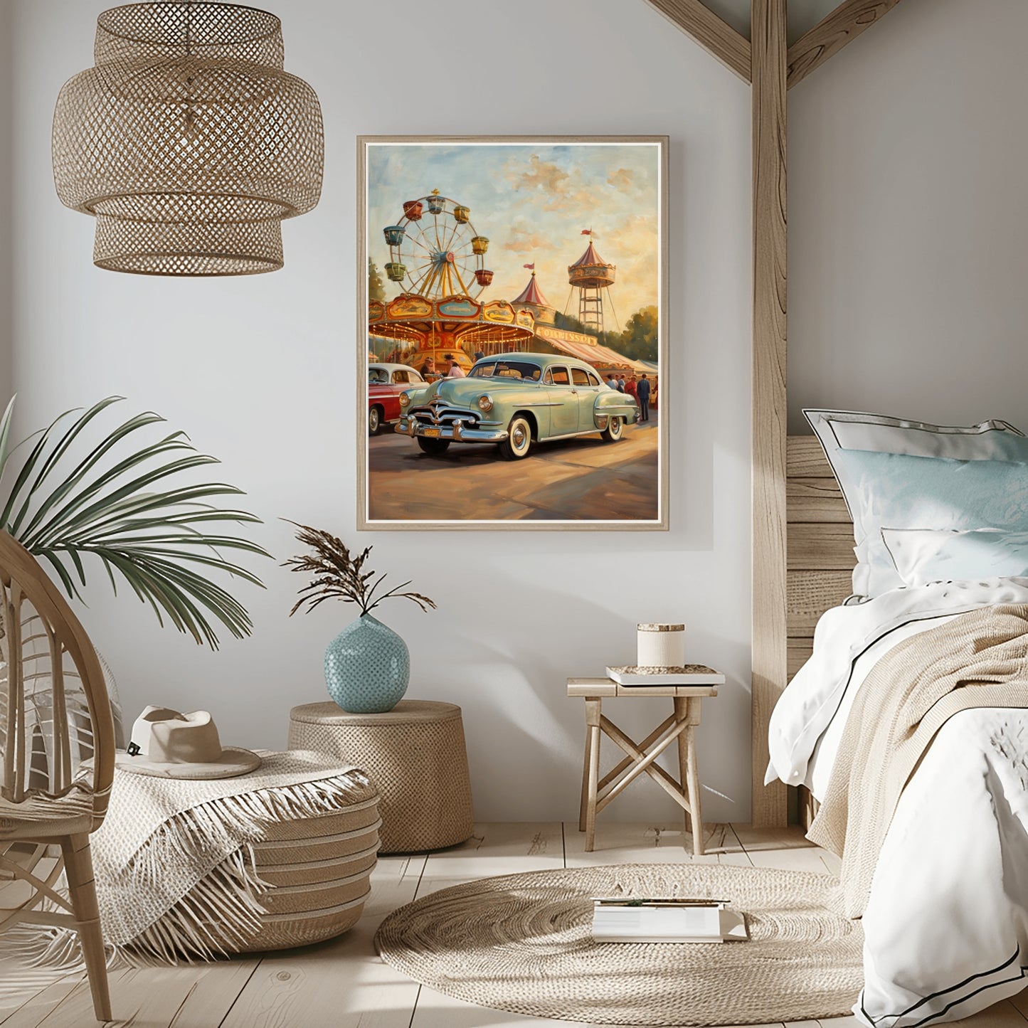1950s ferris wheel artwork featuring vintage car and carnival scene by AquilVision in cozy bedroom
