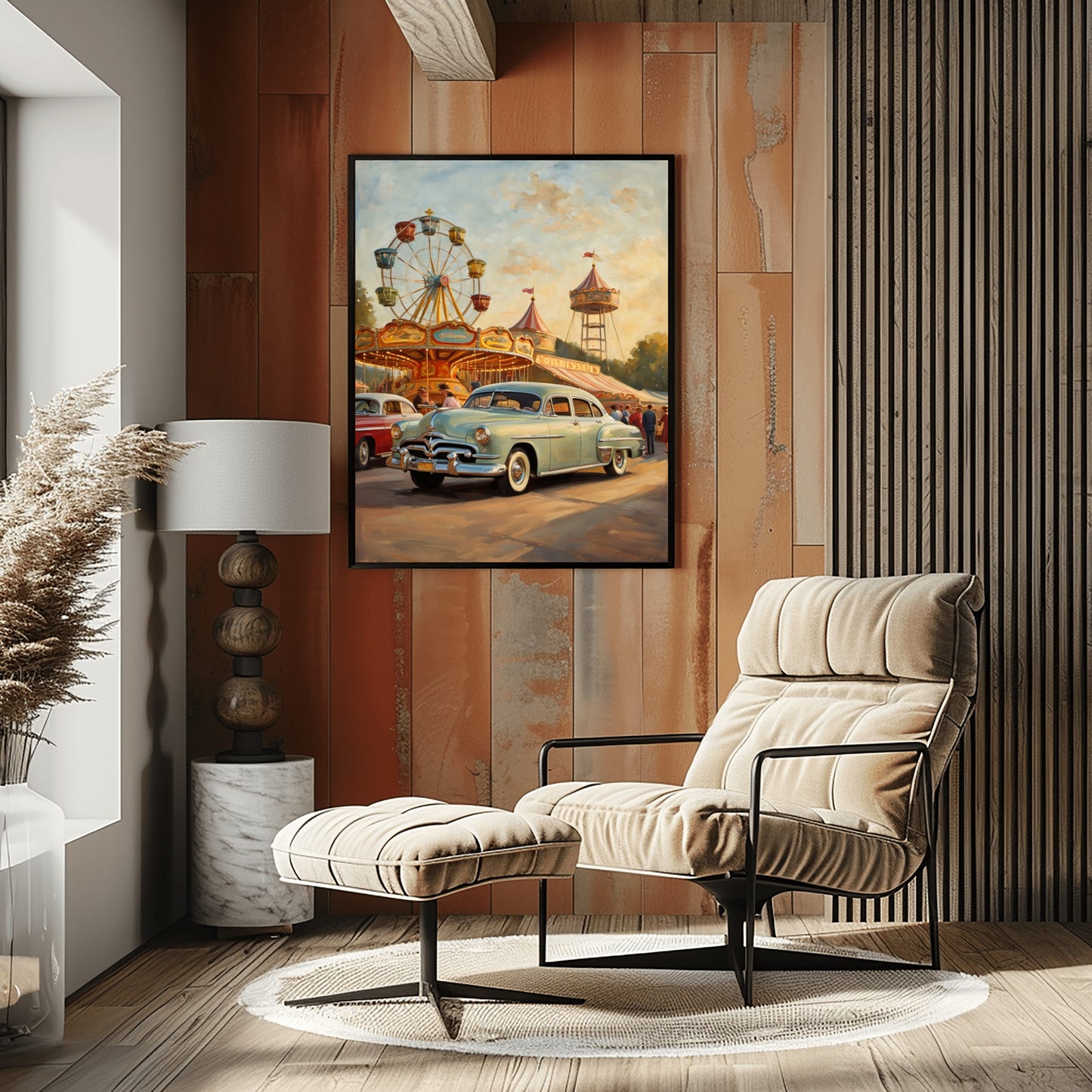 1950s ferris wheel artwork featuring vintage car and carnival scene in a cozy modern living room