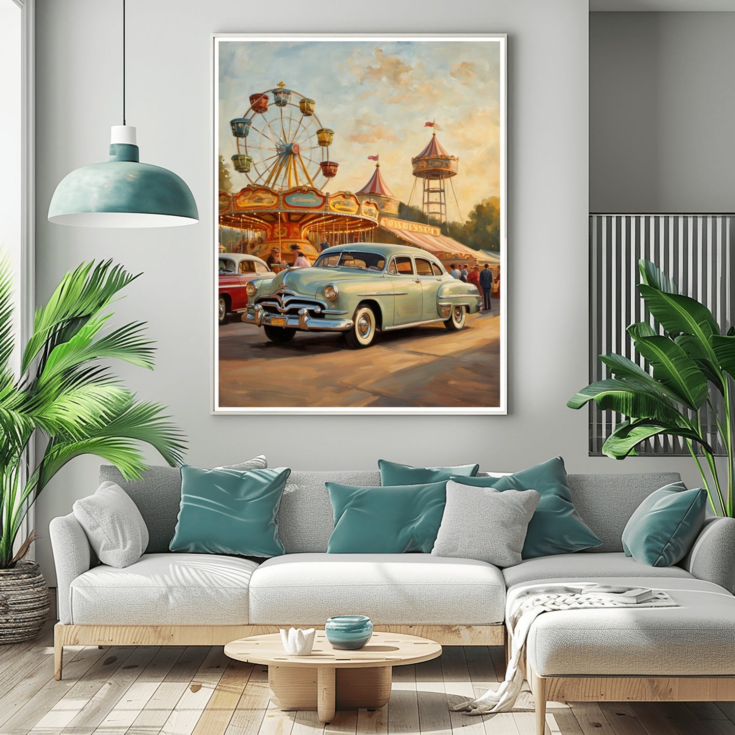 1950s ferris wheel artwork featuring vintage car and carnival scene in a modern living room