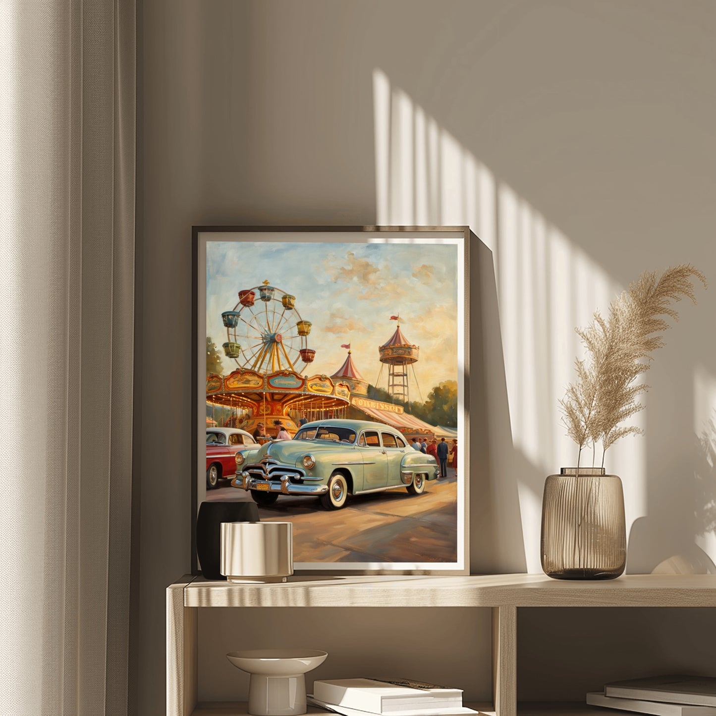AquilVision 1950s ferris wheel artwork featuring vintage cars and carnival scene in a framed print