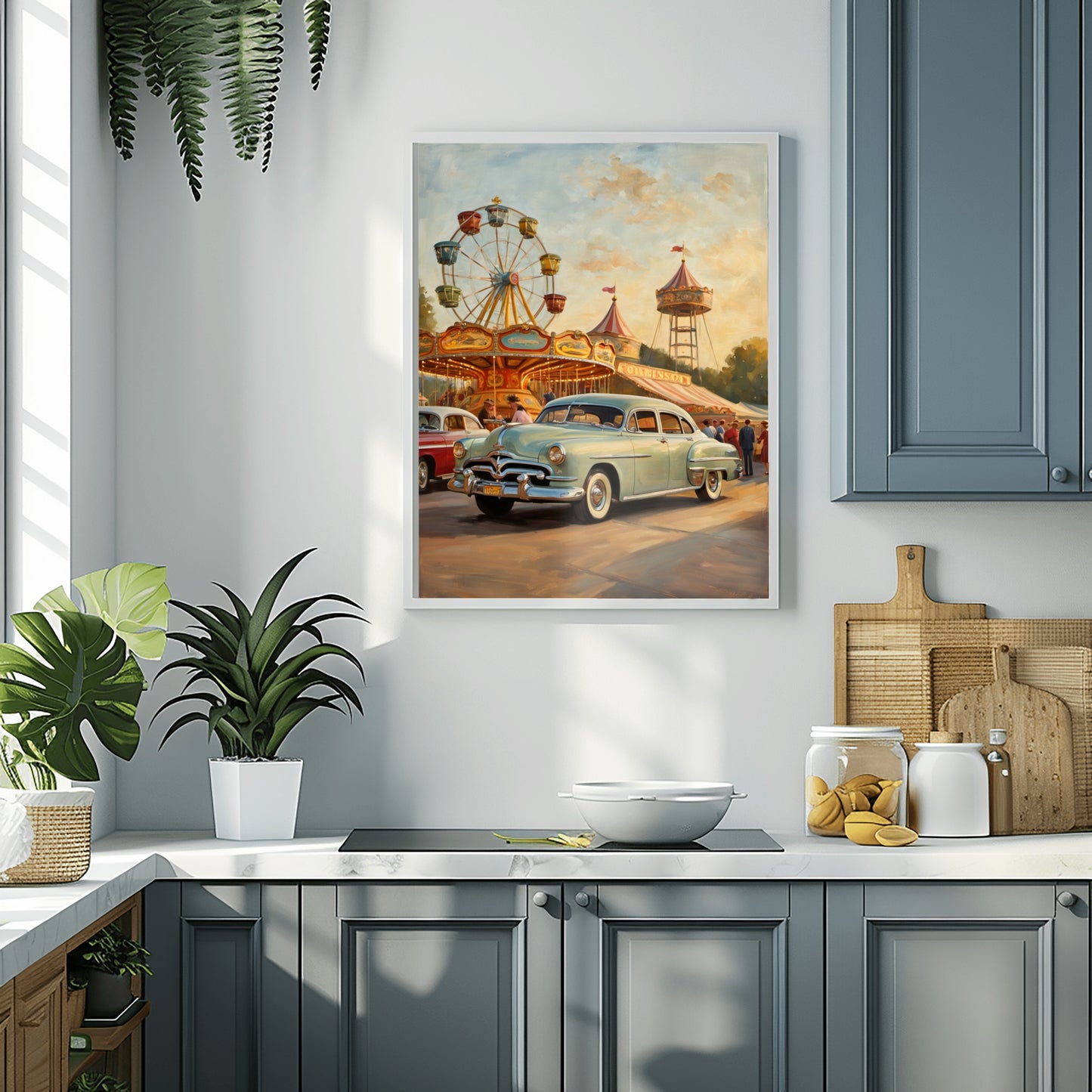 1950s ferris wheel artwork depicting a vintage car and carnival scene hanging in a modern kitchen