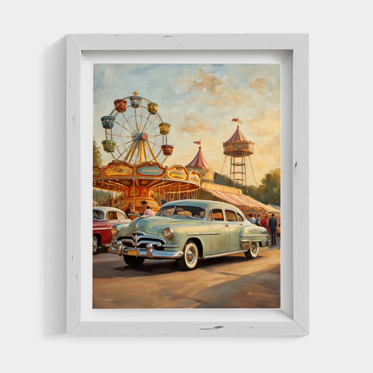 1950s ferris wheel artwork featuring vintage car and carnival scene in a white frame