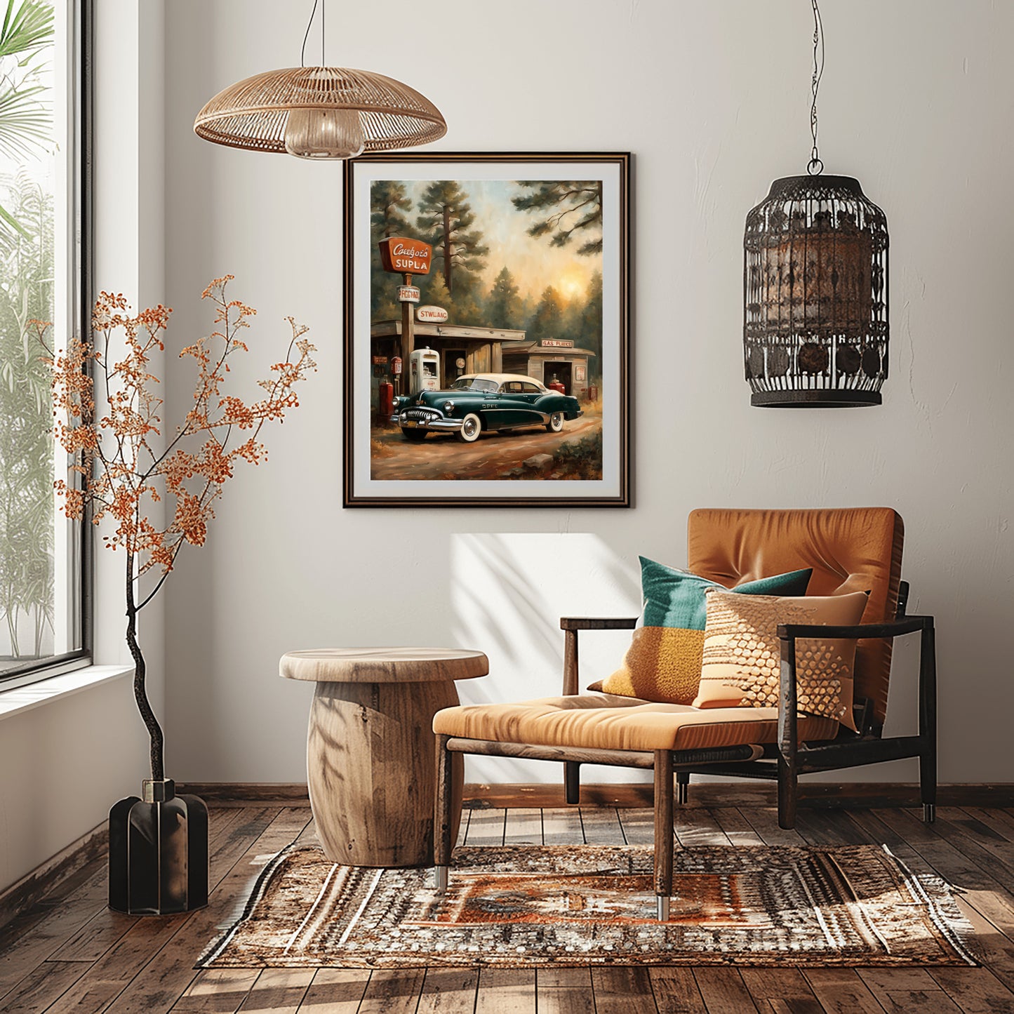 1950s retro car wall art framed and hanging in a cozy modern living room with orange chair and wooden decor