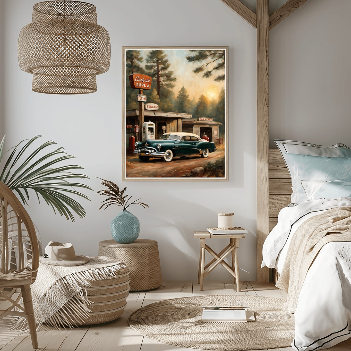 1950s retro car wall art by AquilVision displayed in a cozy modern bedroom with rustic decor