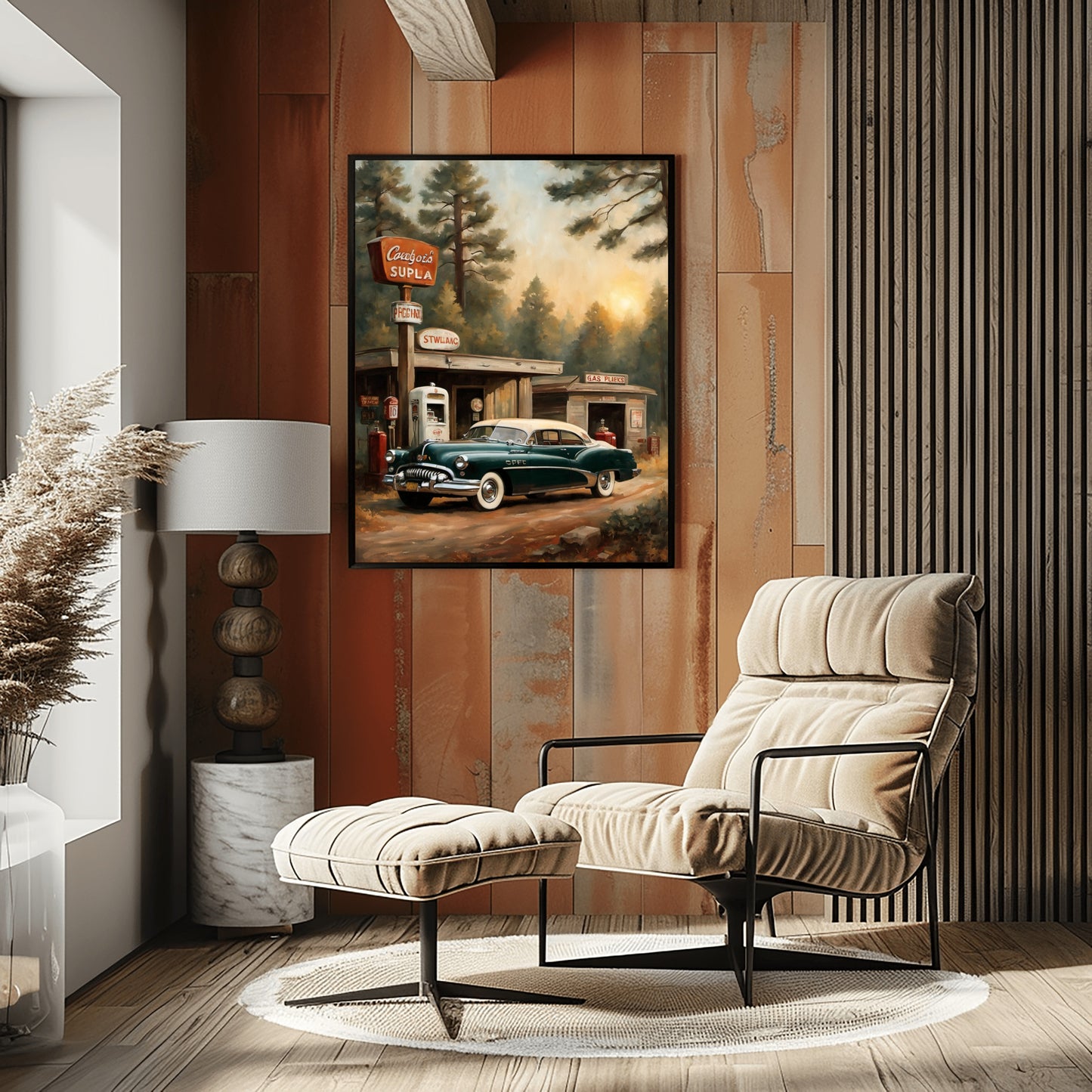 1950s retro car wall art by AquilVision displayed in a cozy living room with armchair and wooden paneling